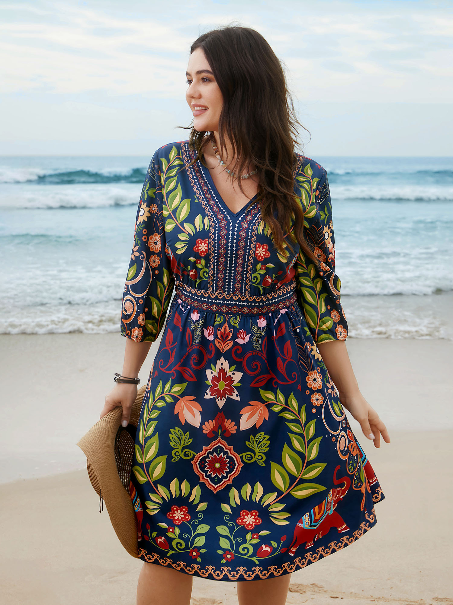 

Plus Size Boho Print V-Neck Pockets Midi Dress DarkBlue Women Resort Non V-neck Elbow-length sleeve Curvy BloomChic