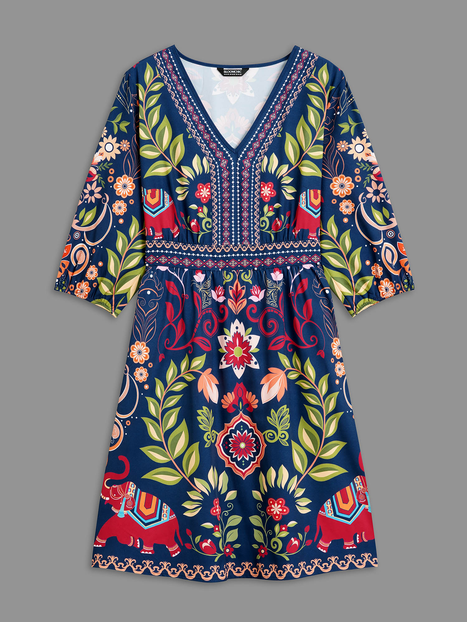 

Plus Size Boho Print V-Neck Pockets Midi Dress DarkBlue Women Resort Non V-neck Elbow-length sleeve Curvy BloomChic