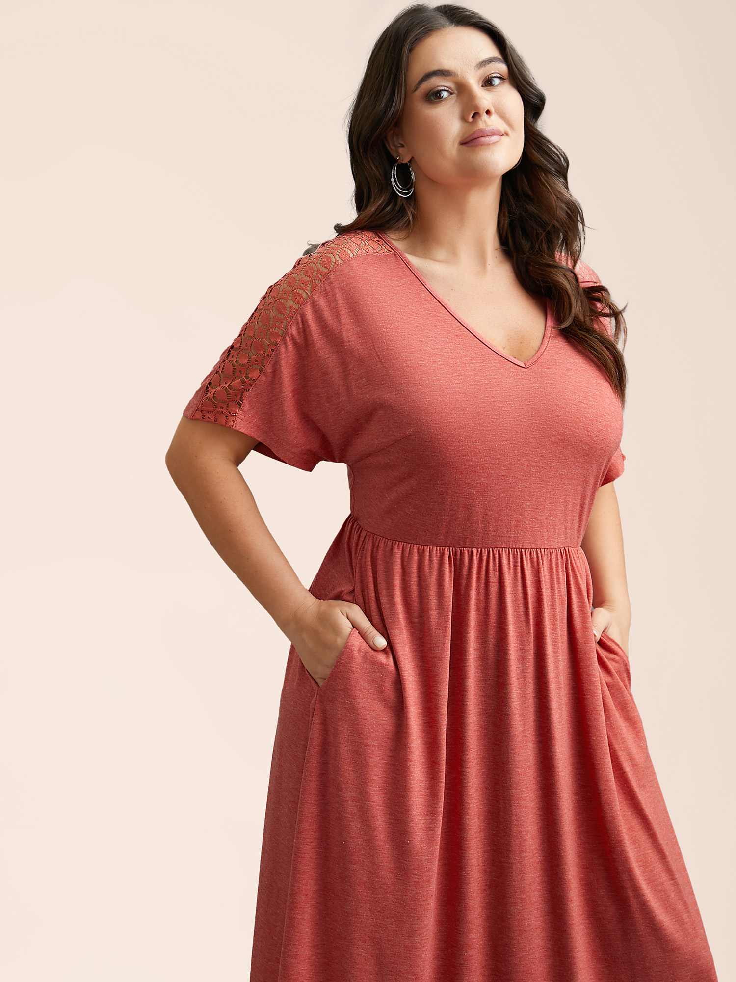 

Plus Size V-Neck Sheer Lace Pockets Midi Dress OrangeRed Women Casual Woven ribbon&lace trim V-neck Short sleeve Curvy BloomChic