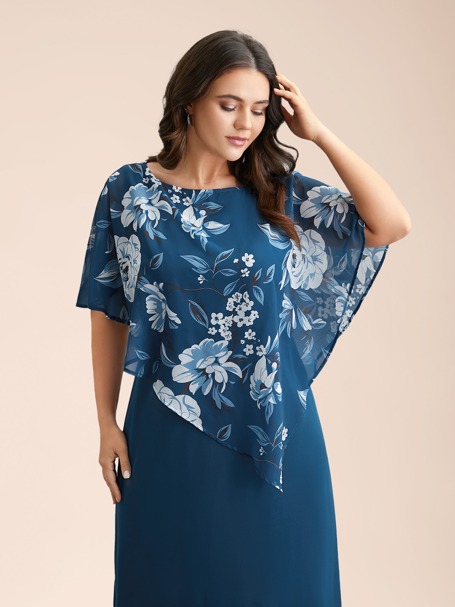 

Plus Size Floral Print Cloak Tiered Midi Dress Aegean Women Elegant See through Round Neck Half Sleeve Curvy BloomChic