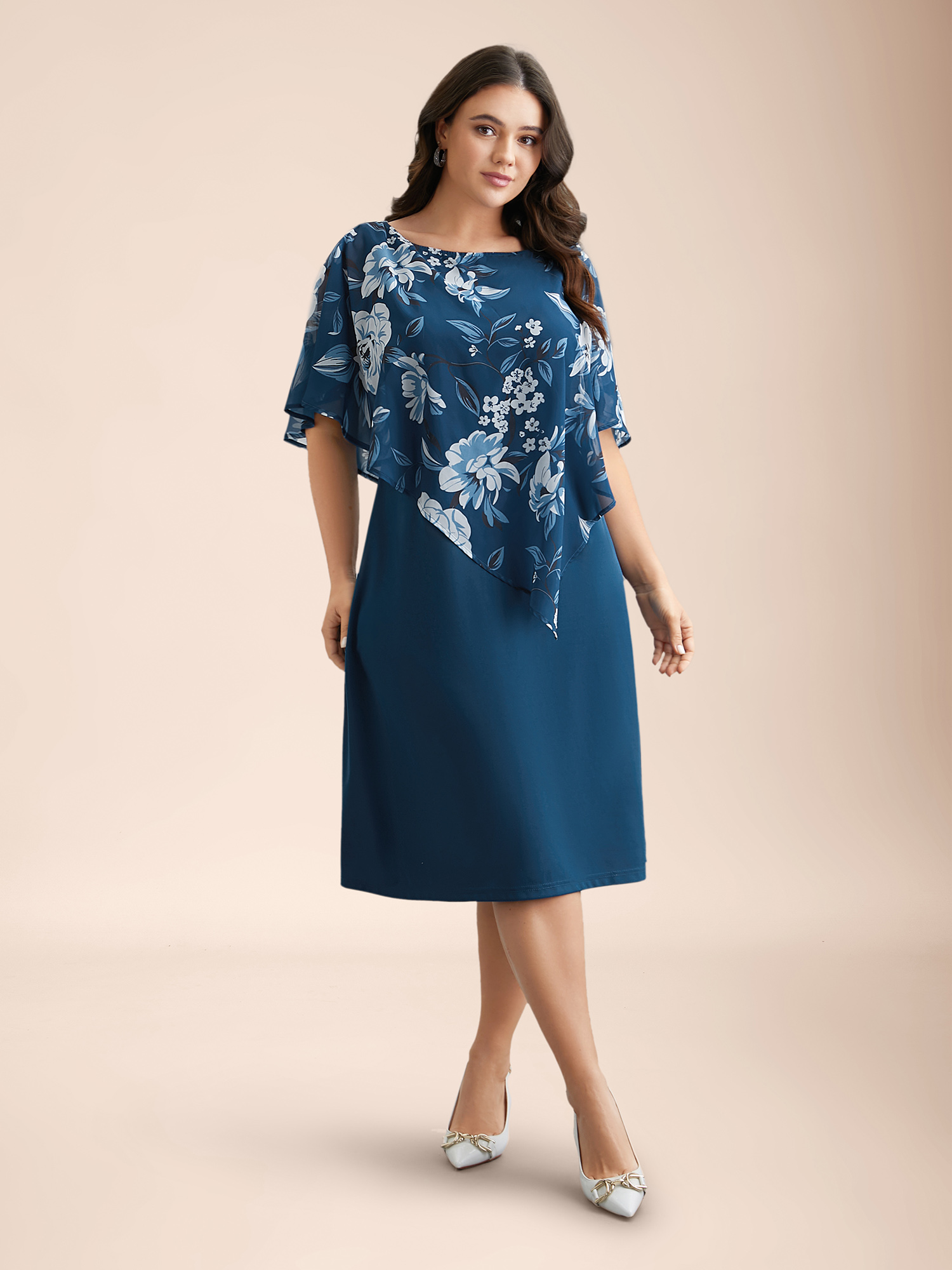 

Plus Size Floral Print Cloak Tiered Midi Dress Aegean Women Elegant See through Round Neck Half Sleeve Curvy BloomChic