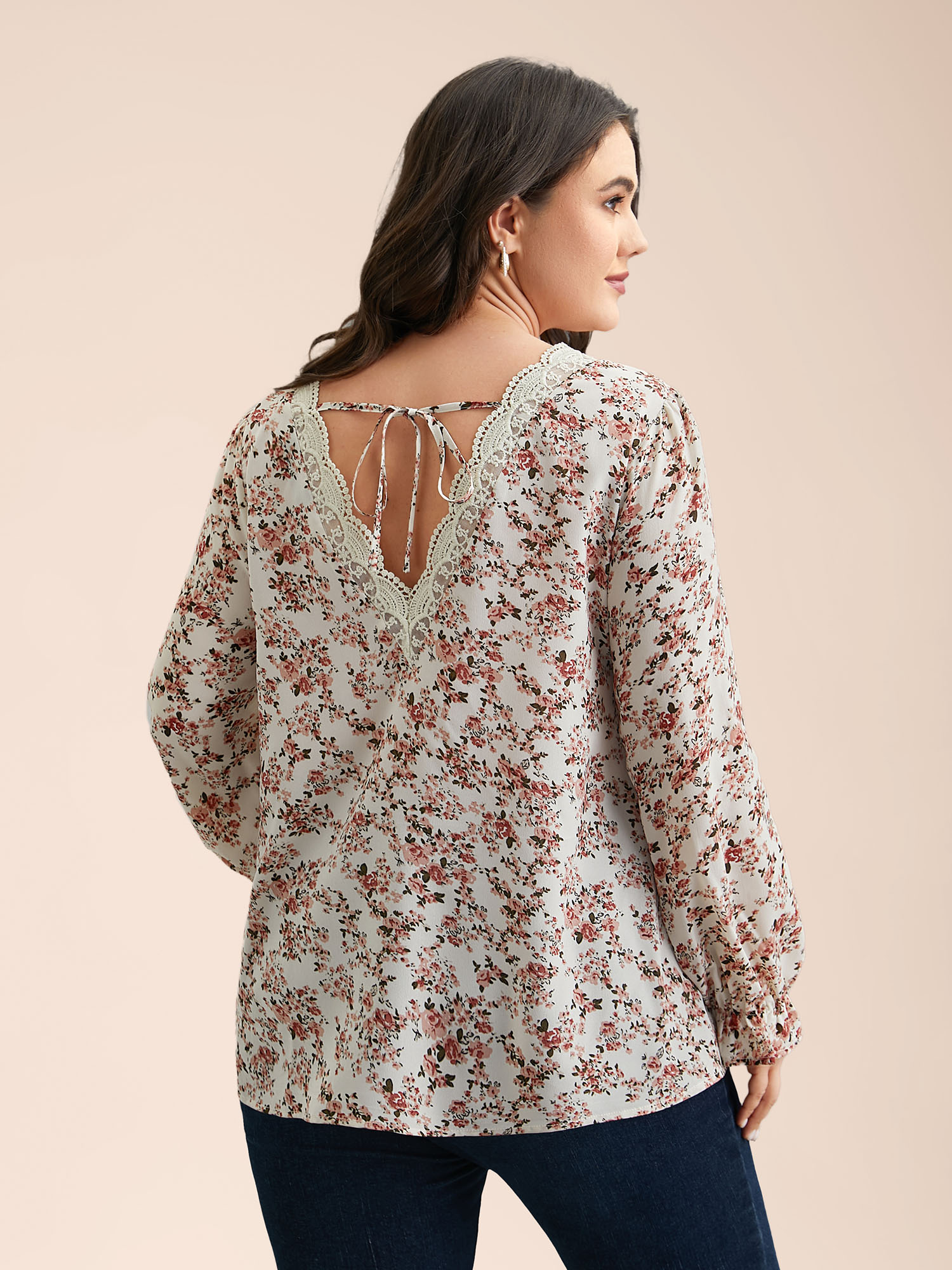 

Plus Size Beige Back Lace Trim Ditsy Floral Print Blouse Women Elegant Long Sleeve Round Neck Everyday Blouses BloomChic