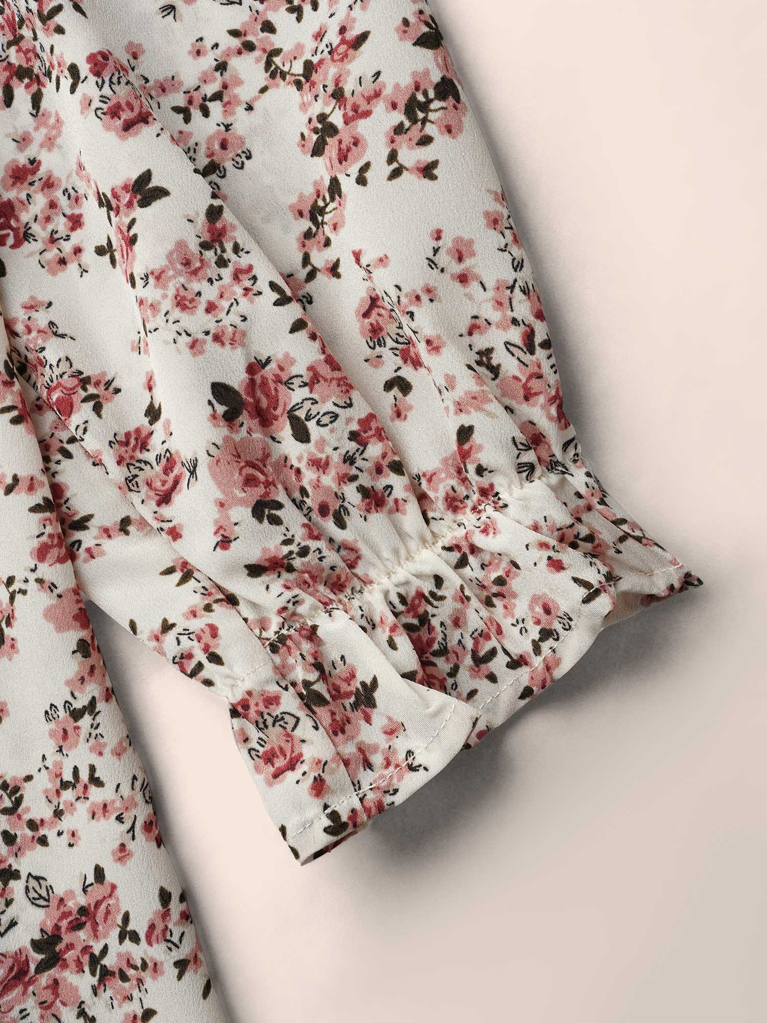

Plus Size Beige Back Lace Trim Ditsy Floral Print Blouse Women Elegant Long Sleeve Round Neck Everyday Blouses BloomChic