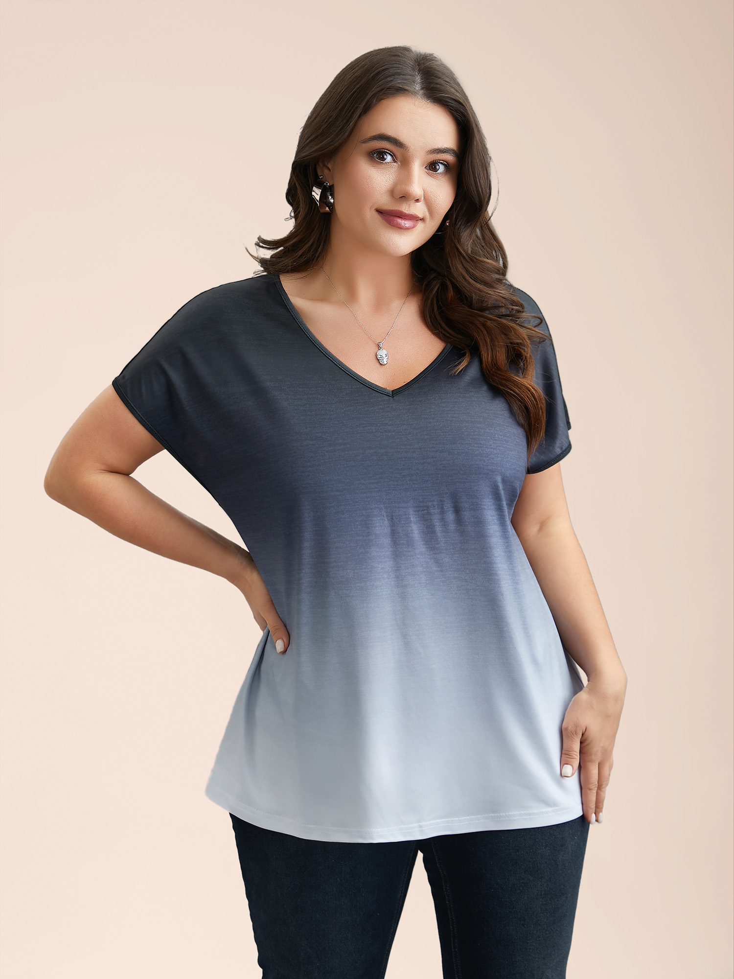 

Plus Size Gradient Tie-Dye Stretchy V-Neck T-Shirt Indigo Women Casual Non V-neck Everyday T-shirts BloomChic