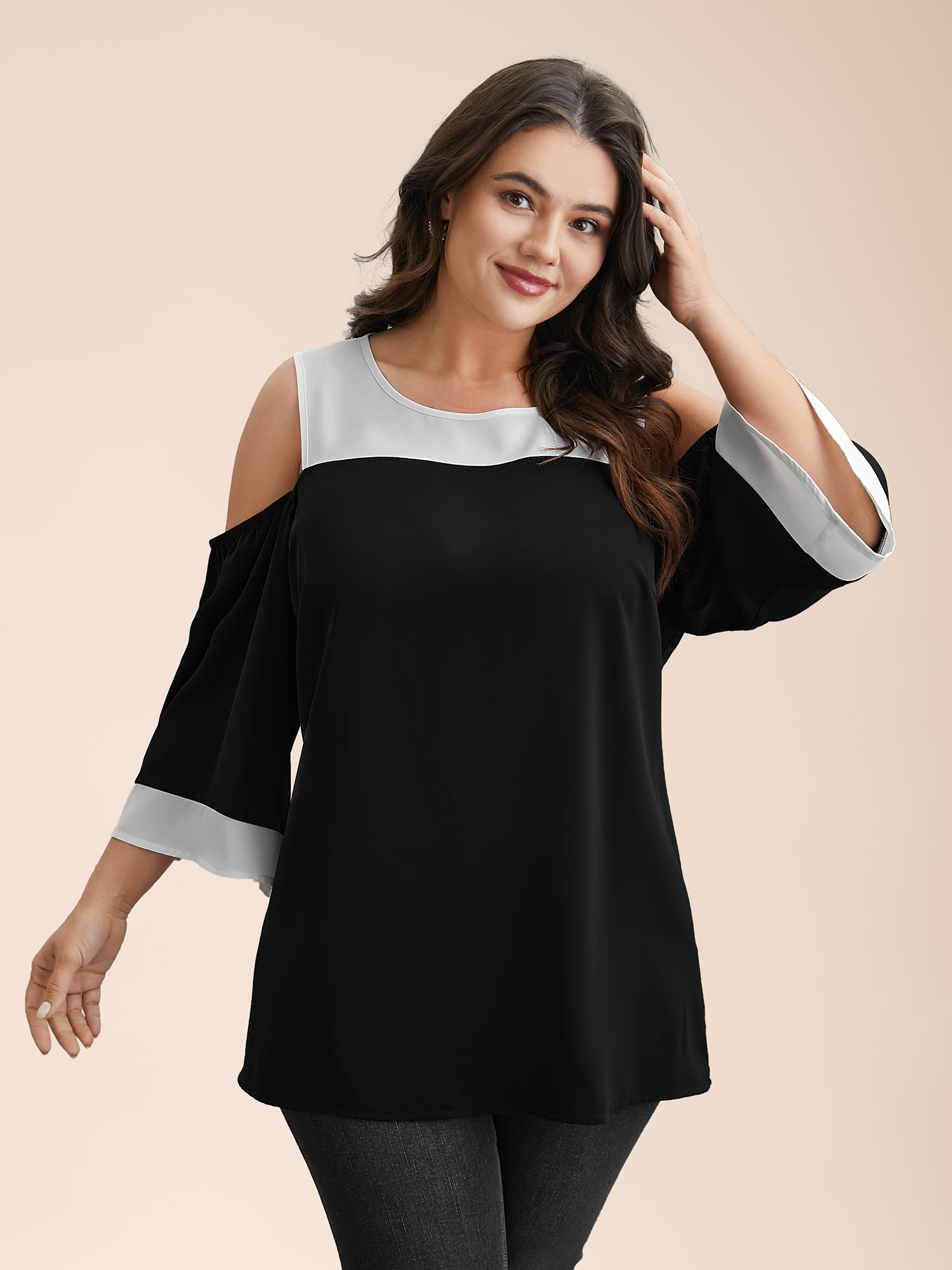 

Plus Size Black Color-Block Off-Shoulder Pleated Blouse Women Elegant Elbow-length sleeve Round Neck Everyday Blouses BloomChic