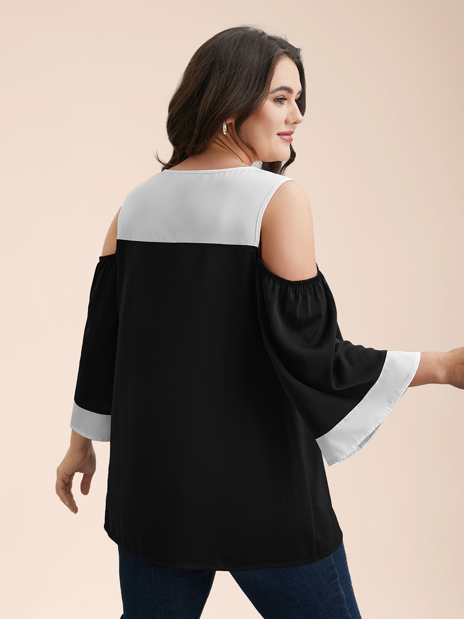 Plus Size Black Color-Block Off-Shoulder Pleated Blouse Women Elegant Elbow-length sleeve Round Neck Everyday Blouses BloomChic 18-20/2X 