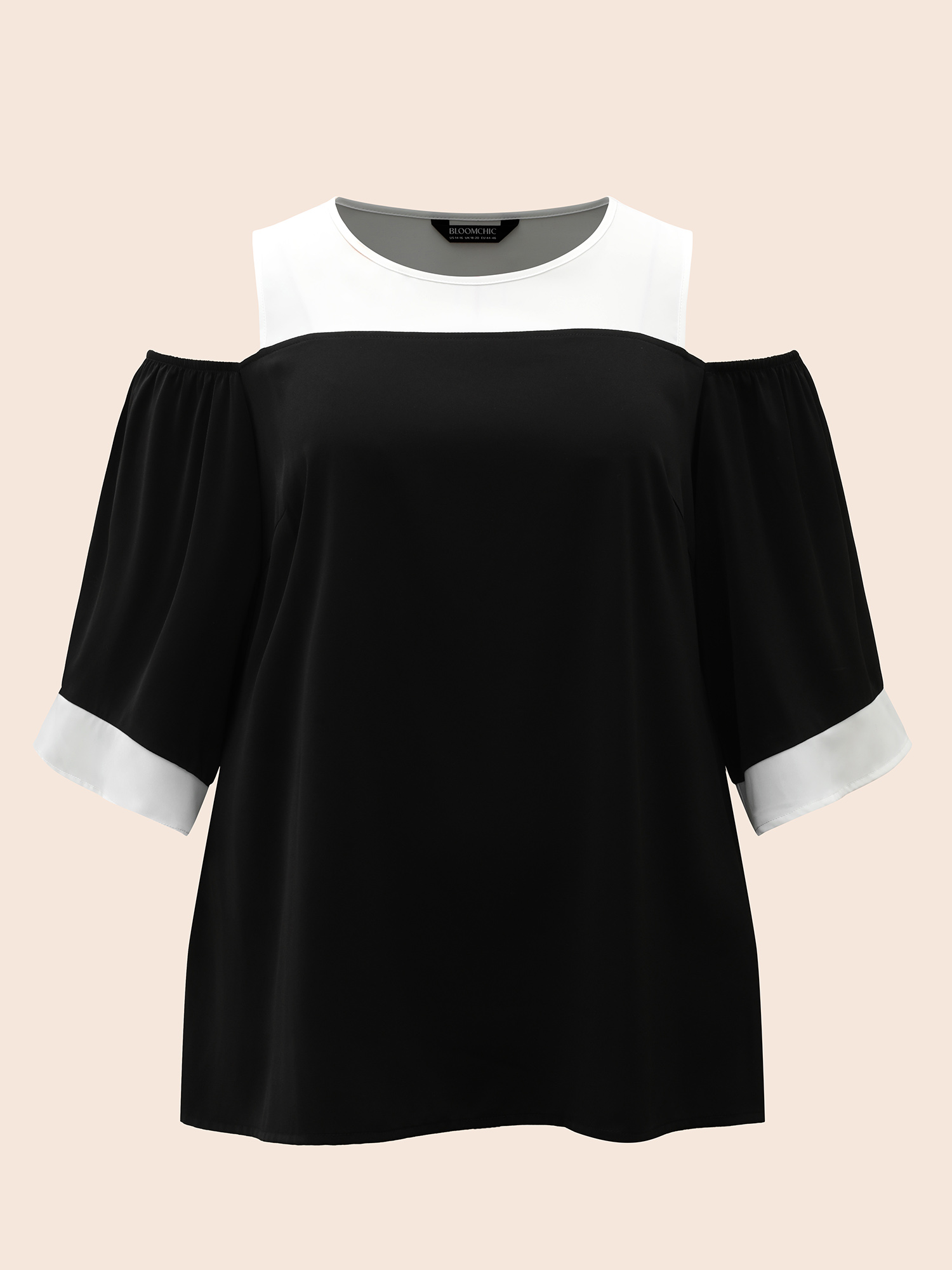 Plus Size Black Color-Block Off-Shoulder Pleated Blouse Women Elegant Elbow-length sleeve Round Neck Everyday Blouses BloomChic 18-20/2X 