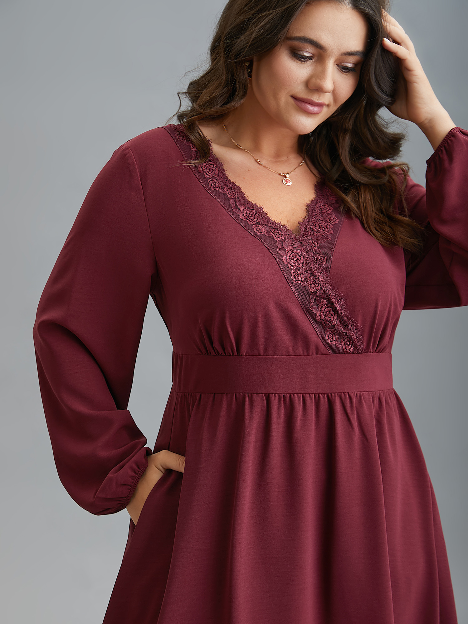 

Plus Size Lace Detail Surplice Neckline Midi Dress Burgundy Women Elegant Woven ribbon&lace trim Overlap Collar Long Sleeve Curvy BloomChic