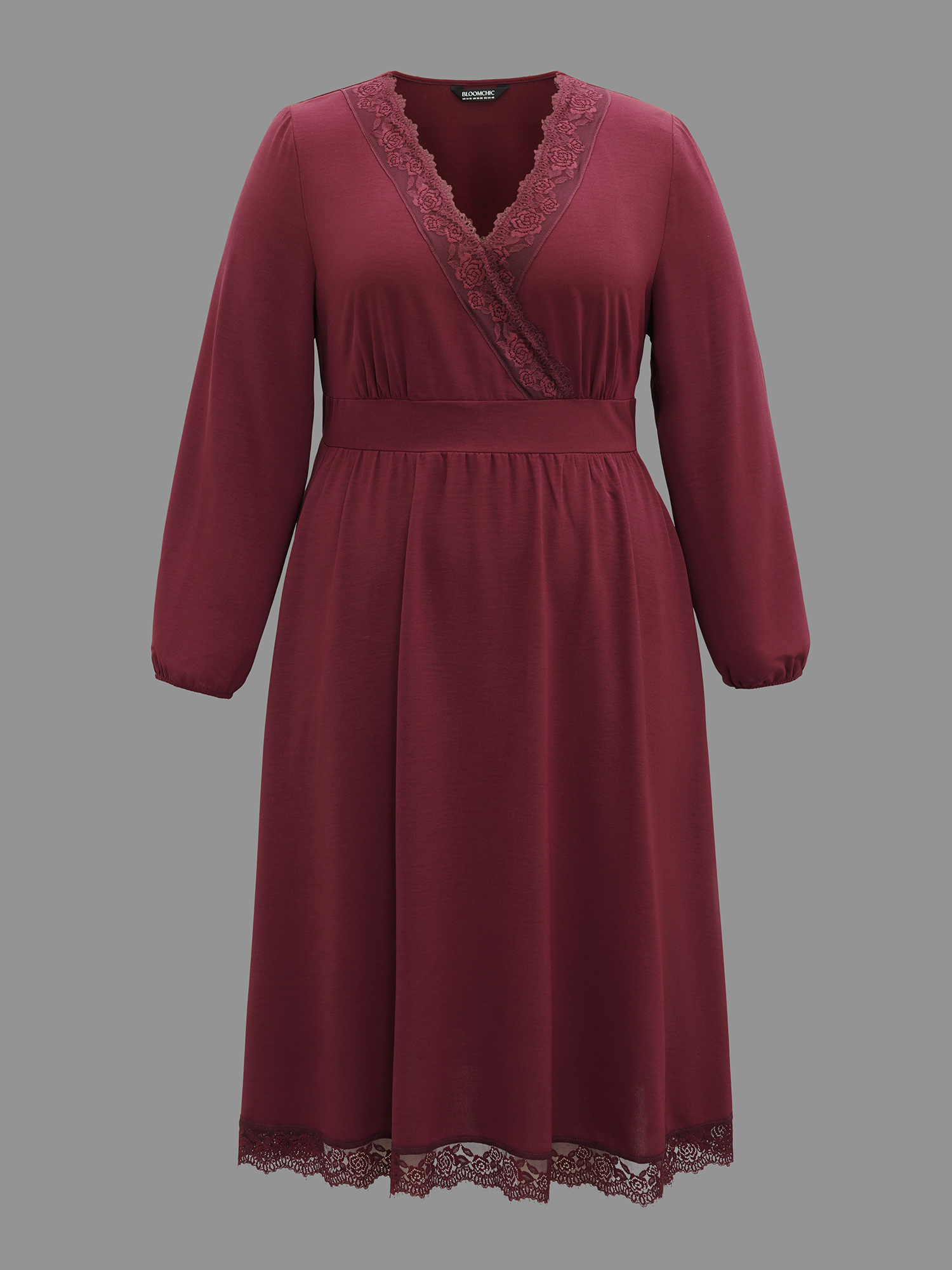 

Plus Size Lace Detail Surplice Neckline Midi Dress Burgundy Women Elegant Woven ribbon&lace trim Overlap Collar Long Sleeve Curvy BloomChic