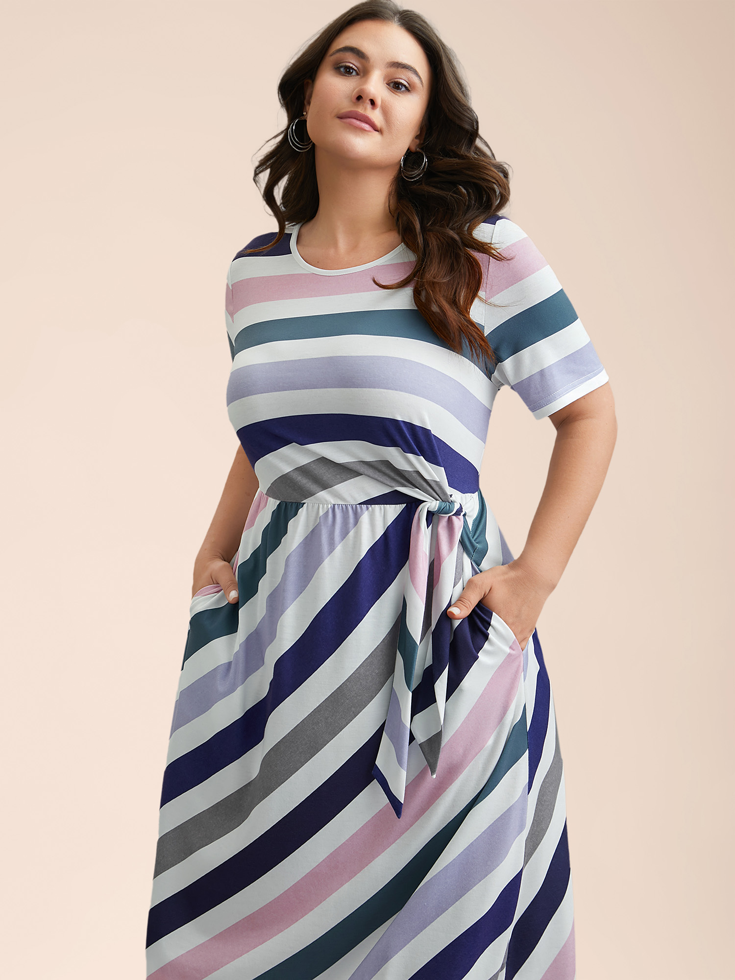 

Plus Size Striped Waist-Tie Half Sleeve Midi Dress Multicolor Women Casual Tie knot Knit Dresses Bloomchic