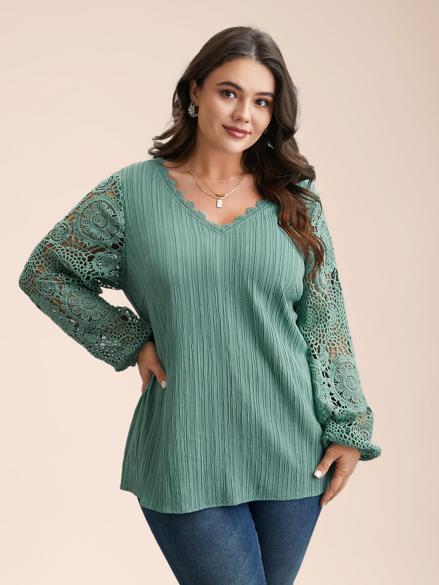 

Plus Size Greenbean Scalloped Lace Textured Sheer Sleeve Blouse Women Elegant Extra Long Sleeve V-neck Everyday Blouses BloomChic