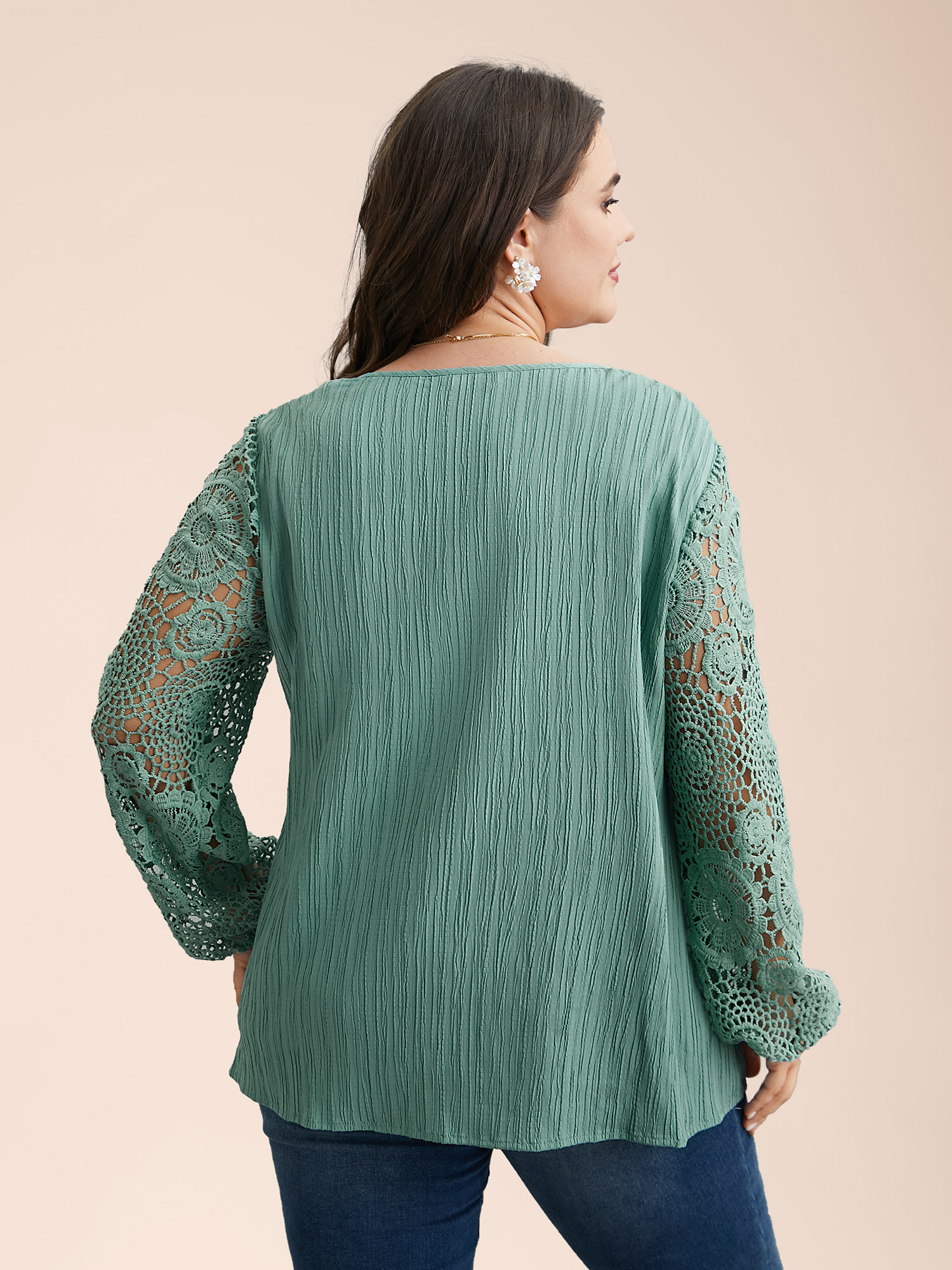 

Plus Size Greenbean Scalloped Lace Textured Sheer Sleeve Blouse Women Elegant Extra Long Sleeve V-neck Everyday Blouses BloomChic