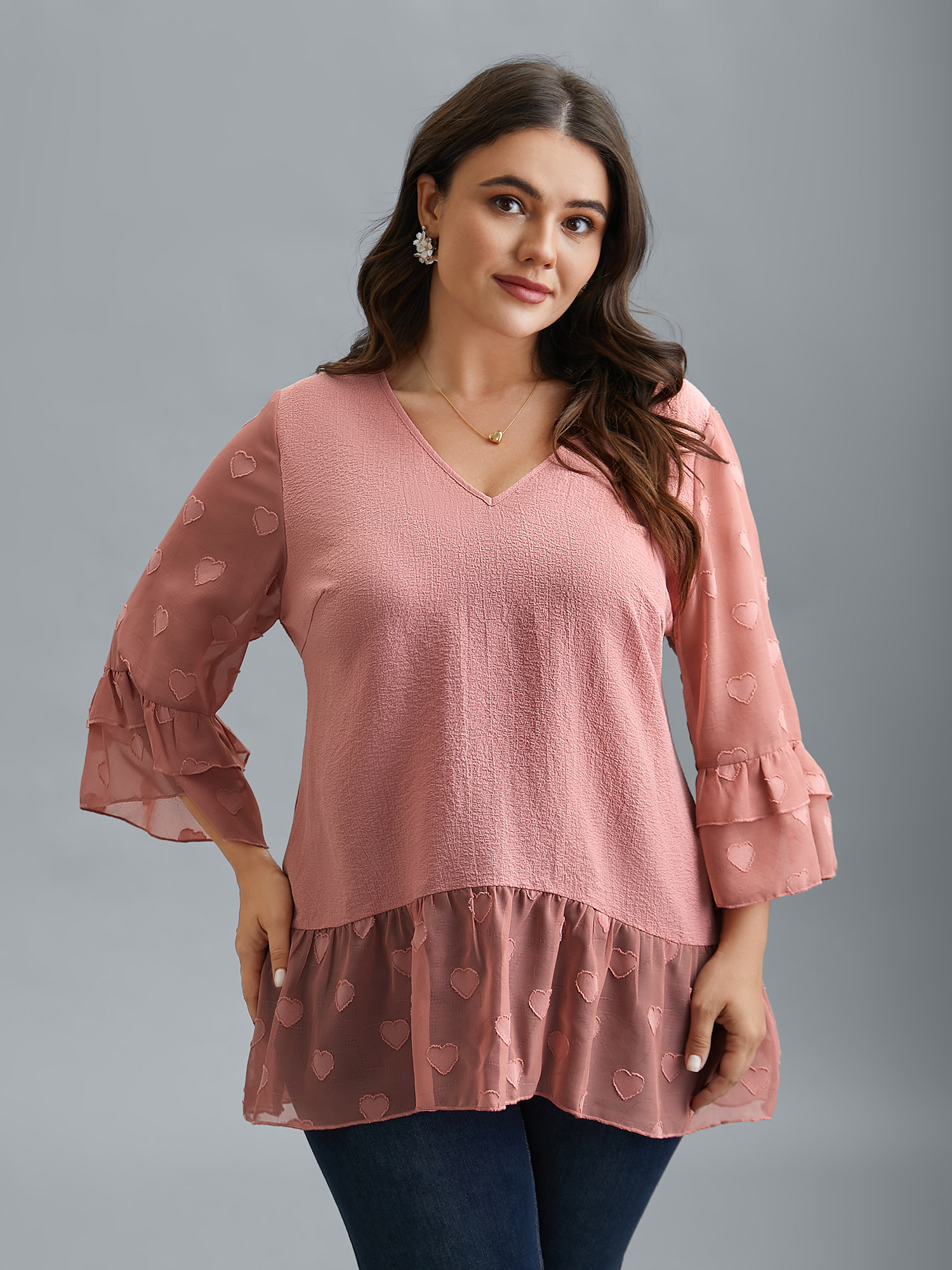 

Plus Size Rouge Love Textured Patchwork Sheer Tiered Ruffles Blouse Women Elegant Elbow-length sleeve V-neck Everyday Blouses BloomChic