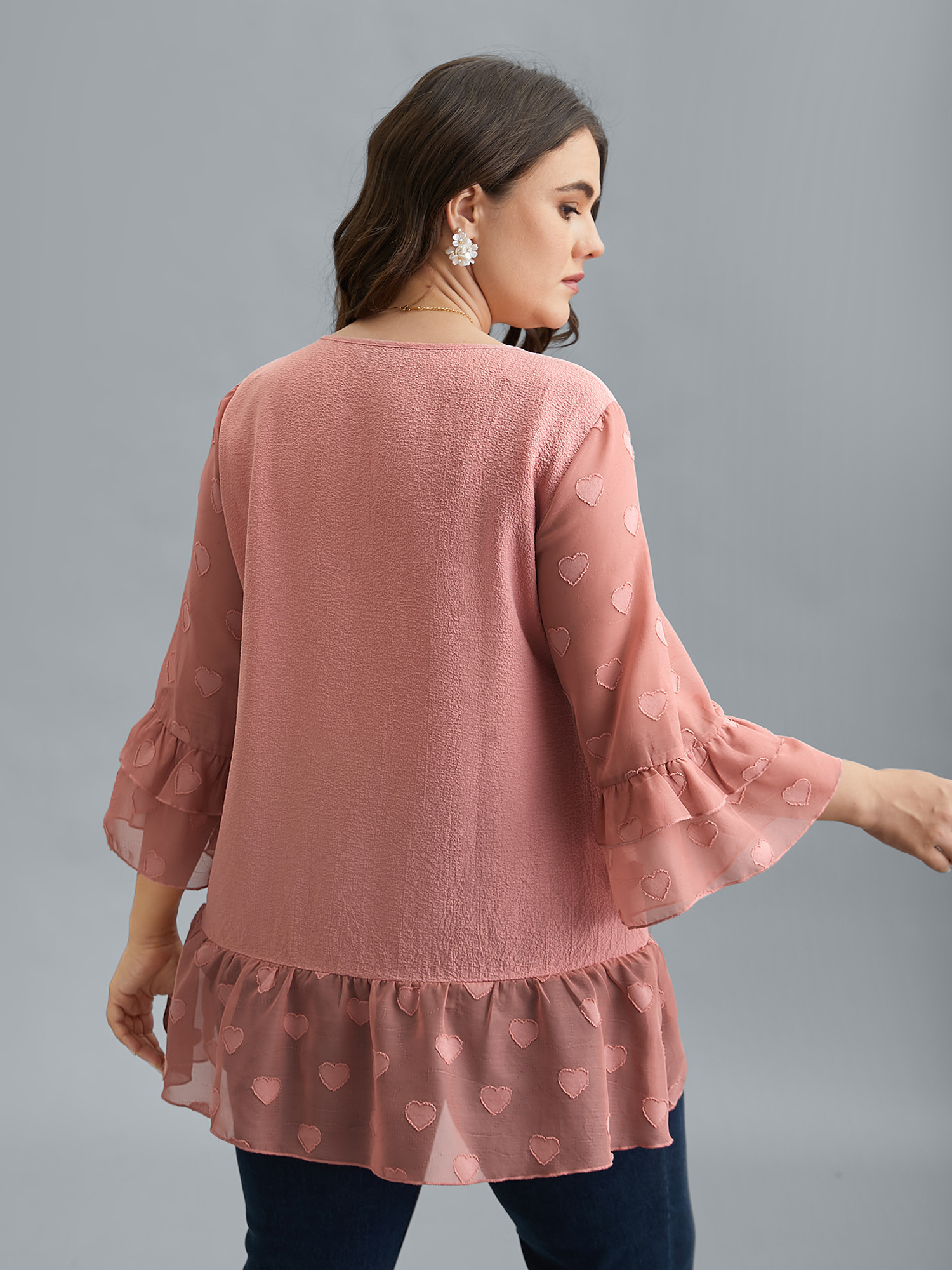 

Plus Size Rouge Love Textured Patchwork Sheer Tiered Ruffles Blouse Women Elegant Elbow-length sleeve V-neck Everyday Blouses BloomChic