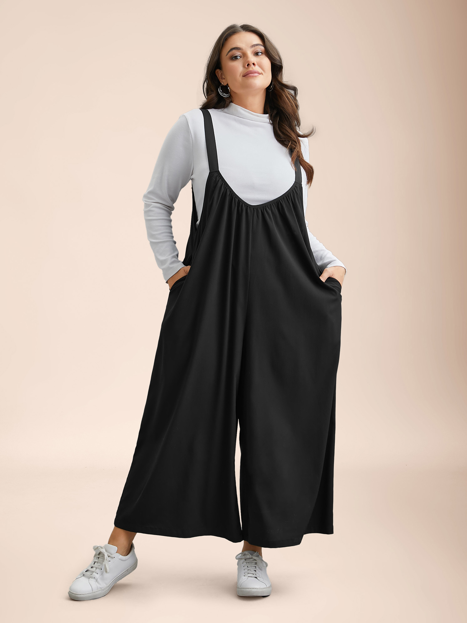 

Plus Size Black Adjustable Straps Pockets Plain Flared Jumpsuit Women Casual Sleeveless Non Everyday Loose Jumpsuits BloomChic