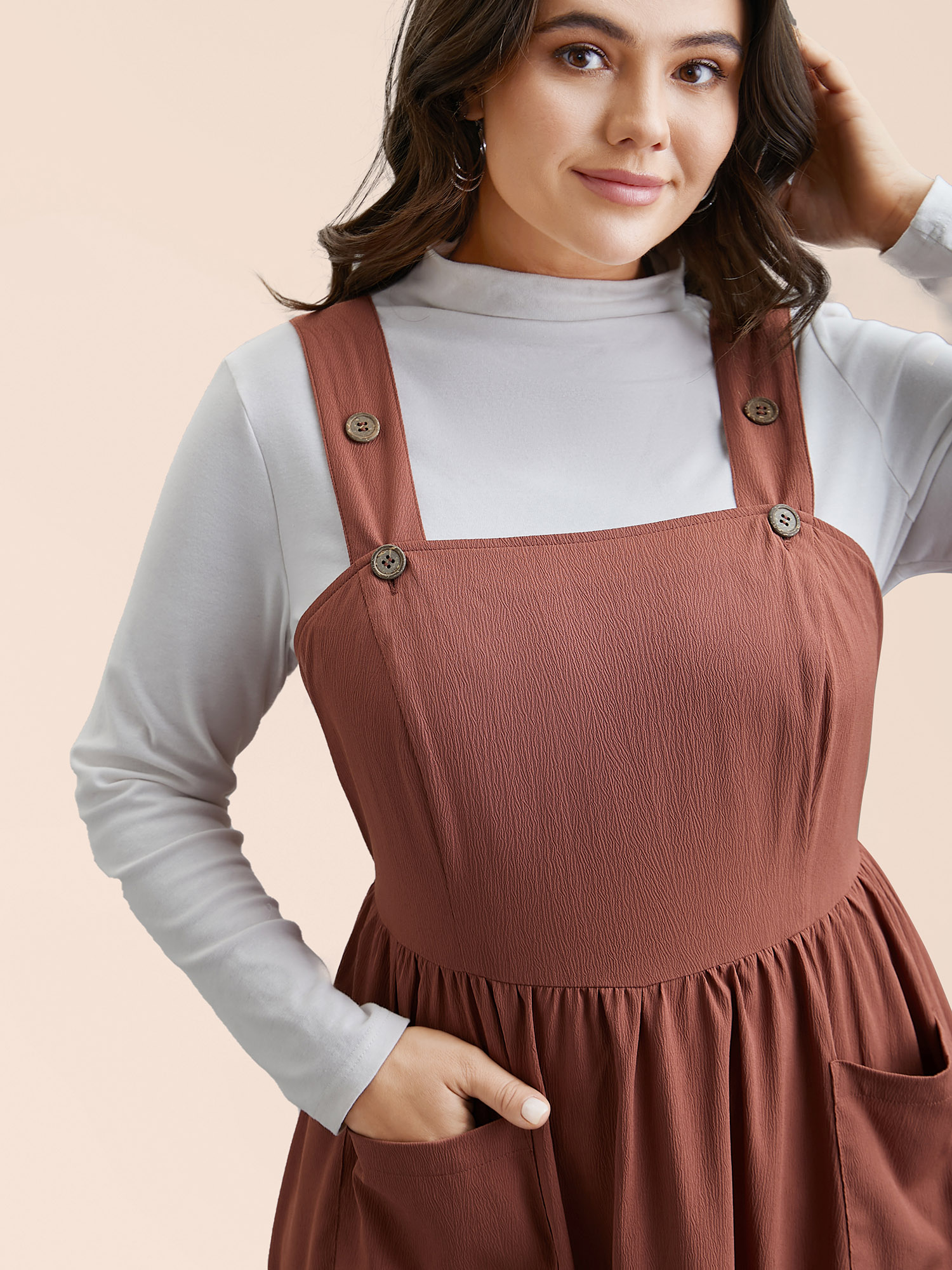 

Plus Size Overall Straps Stretchy-Waist Pockets Midi Dress Rust Women Casual Texture Non Sleeveless Curvy BloomChic