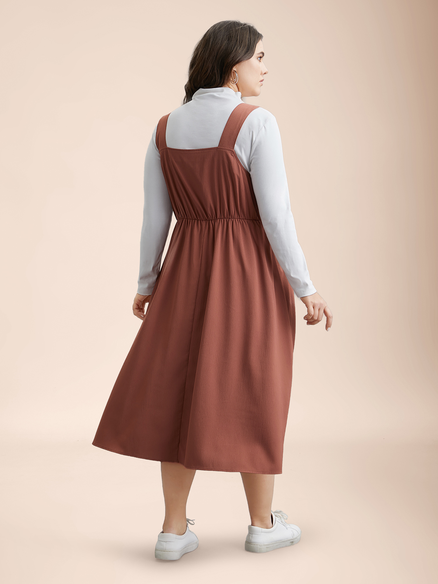 

Plus Size Overall Straps Stretchy-Waist Pockets Midi Dress Rust Women Casual Texture Non Sleeveless Curvy BloomChic