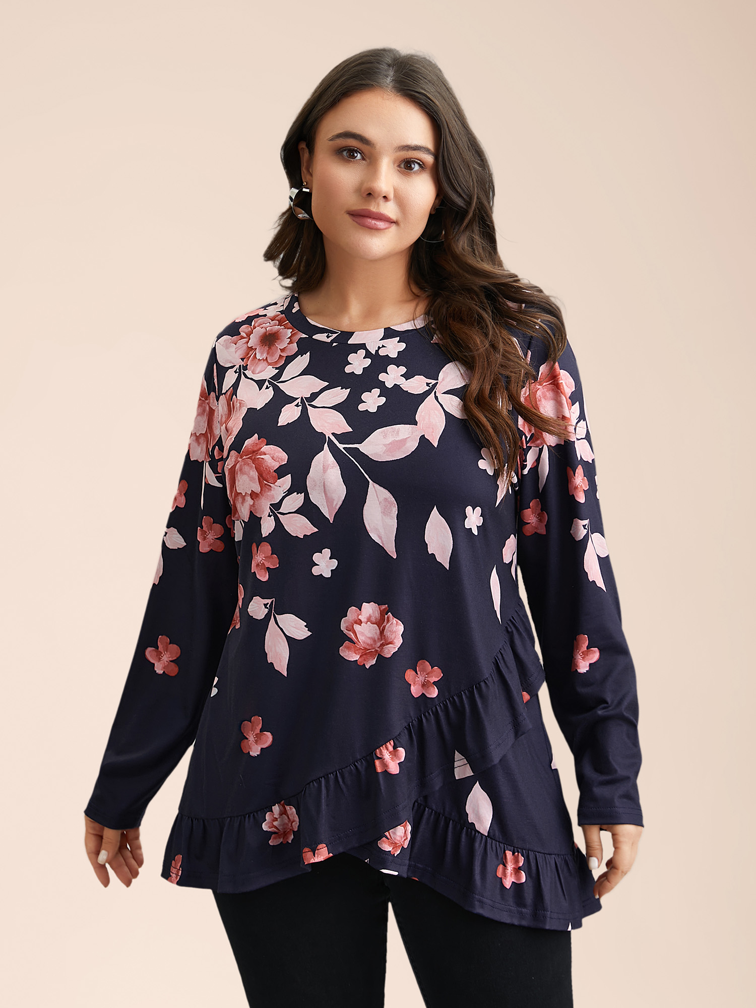 

Plus Size Spring Flowers Ruffled Hem T-Shirt Indigo Women Casual Ruffles Natural Flowers Round Neck Everyday T-shirts BloomChic