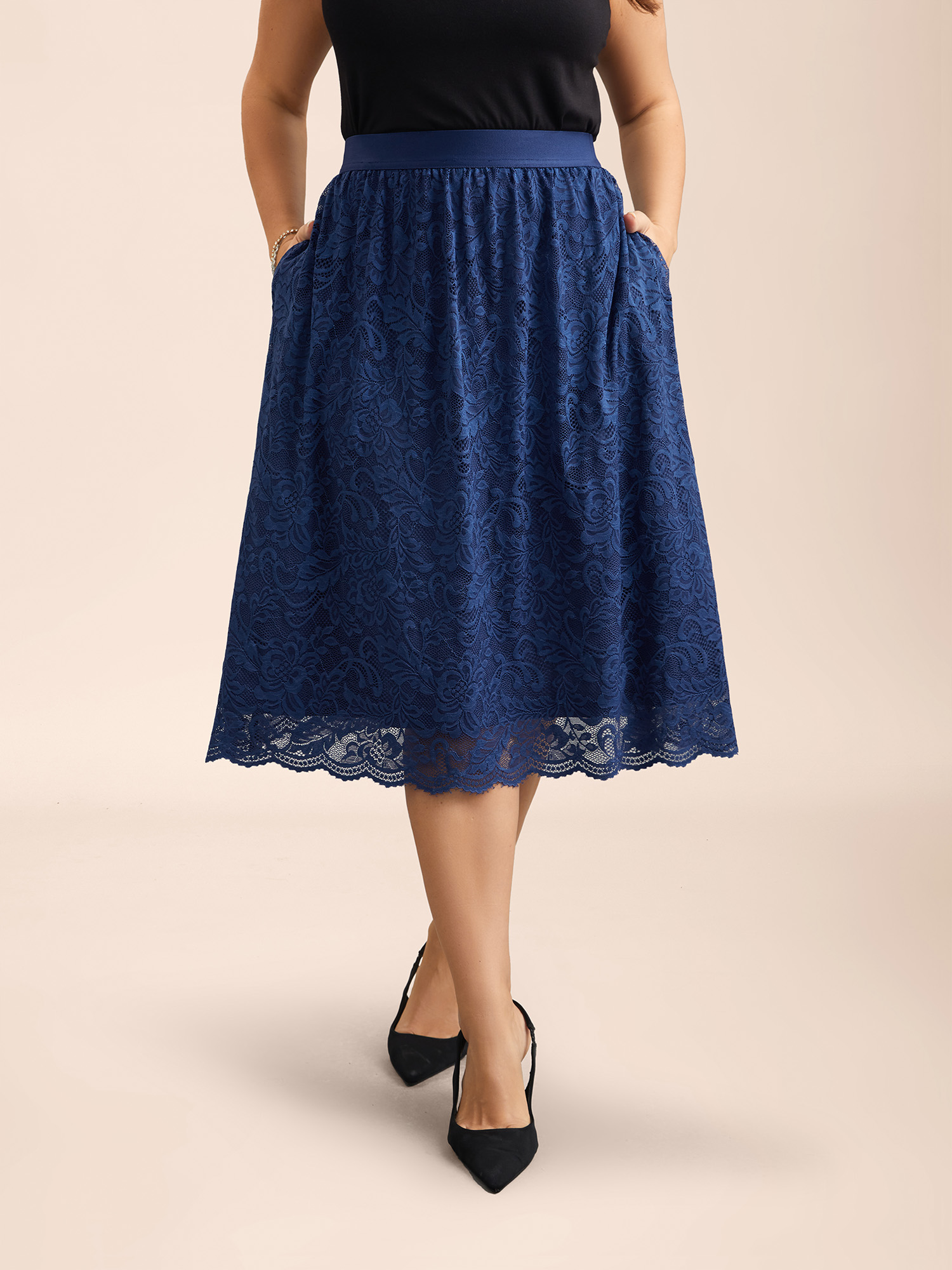 

Plus Size Stretchy-Waist Pleated Lace Midi Skirt Women Indigo Elegant Tiered Bodycon Low stretch Side seam pocket Everyday Skirts BloomChic