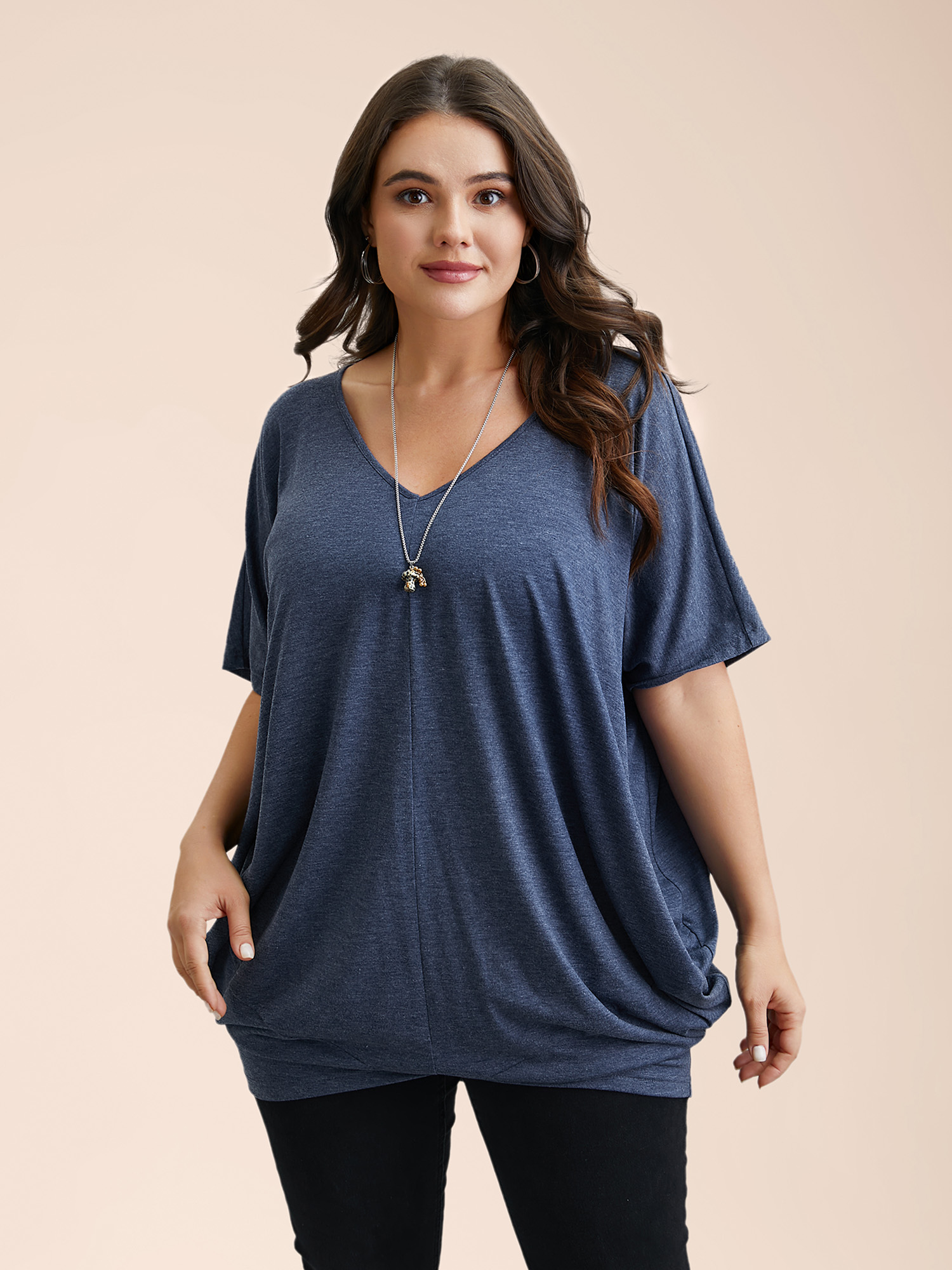 

Plus Size V-Neck Cocoon Pattern Plain Top Indigo V-neck Short sleeve Casual Jersey Tops