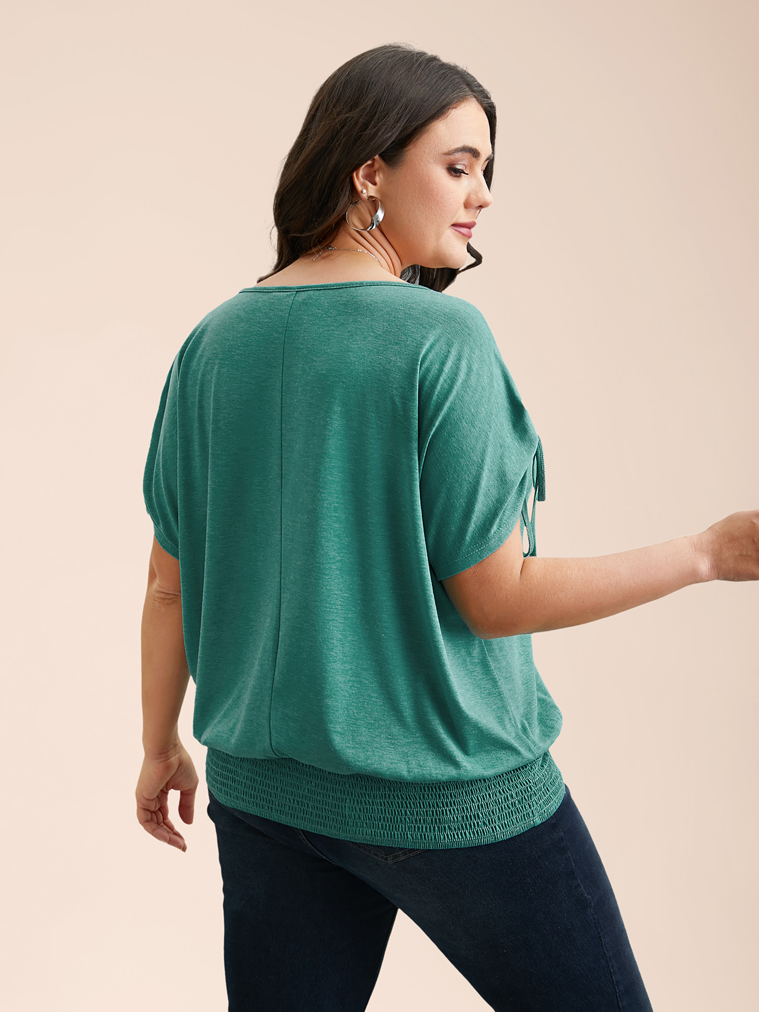 

Plus Size Adjustable Sleeve-Tie Shirred Round Neck T-Shirt Teal Women Casual Eyelet Boat Neck Everyday T-shirts BloomChic