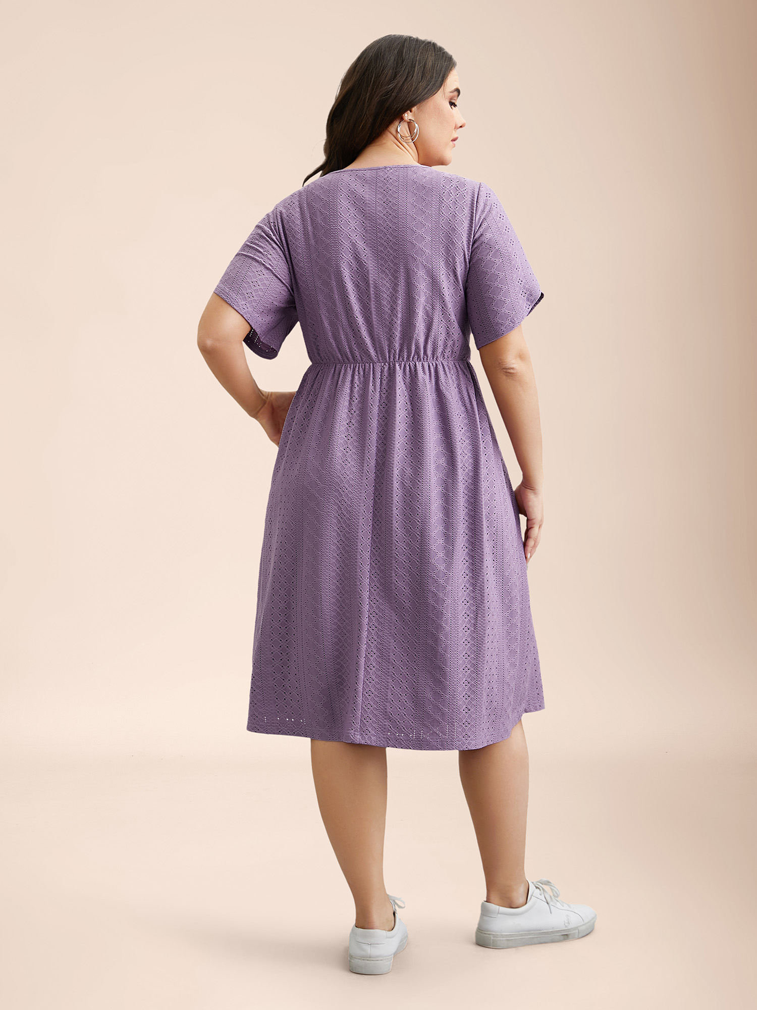 Plus Size Textured Plain Petal Sleeve Pockets Midi Dress Mauve Women Casual Petal edge Round Neck Short sleeve Curvy BloomChic 10/M 