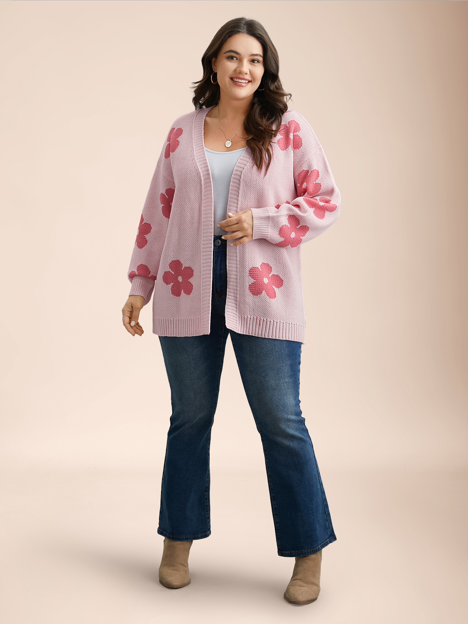 

Plus Size Floral Jacquard Ribbed Hem Knit Cardigan Lightpink Women Casual Loose Long Sleeve Everyday Cardigans BloomChic