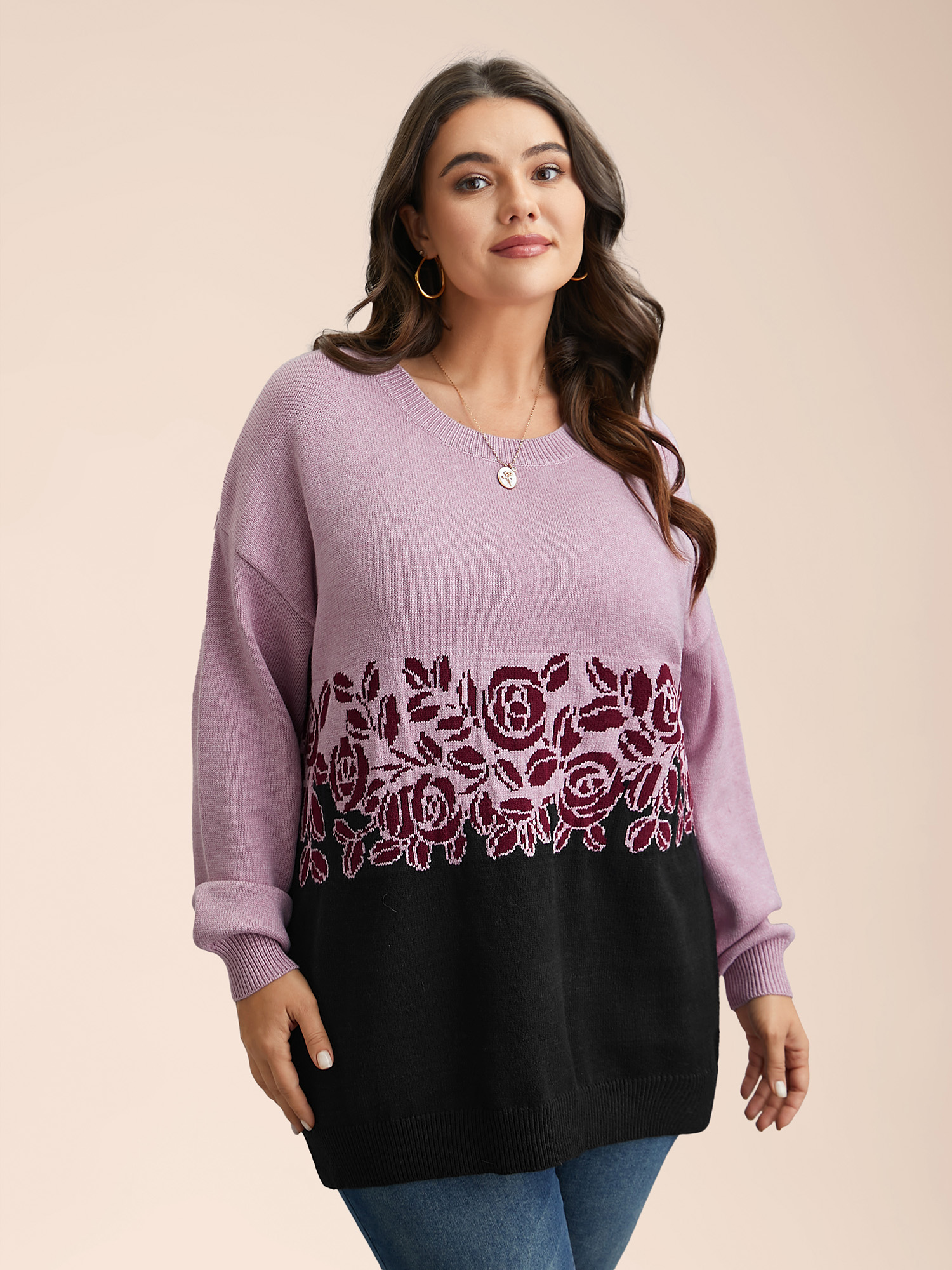 

Plus Size Jacquard Floral Pattern Contrast Drop-Shoulder Pullover Black Women Casual Loose Long Sleeve Round Neck Everyday Pullovers BloomChic