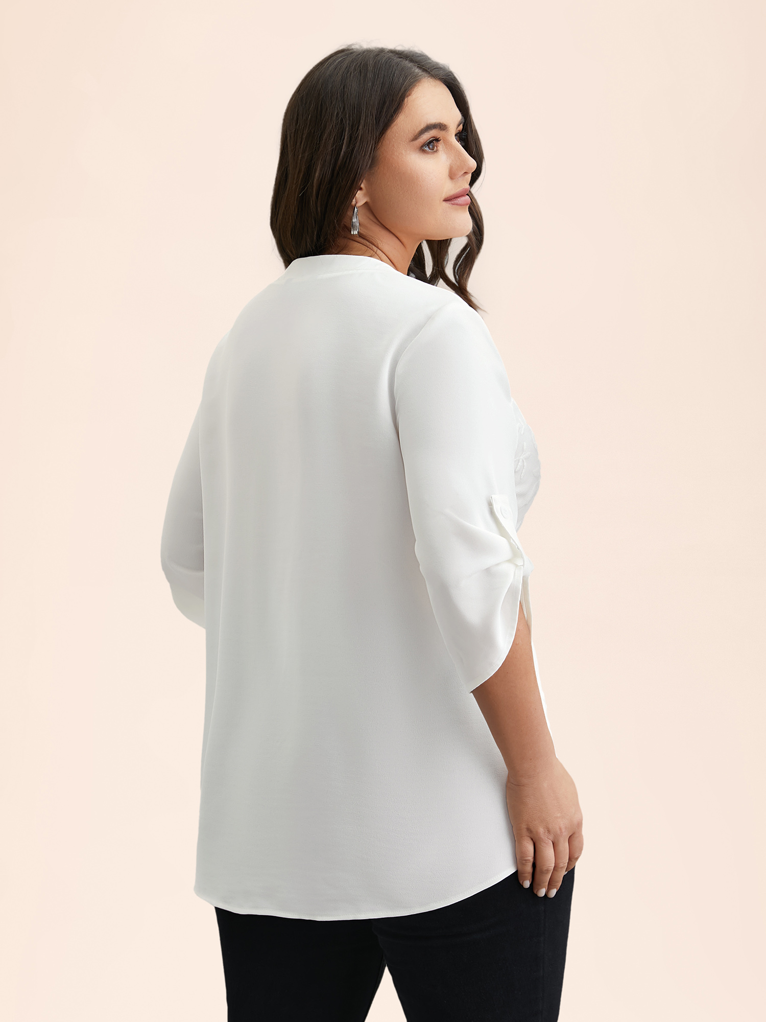 Plus Size WhiteSmoke Lace Patchwork Gathered Tab Sleeve Shirt Women Casual Elbow-length sleeve Notched collar Everyday Blouses BloomChic 14-16/1X 