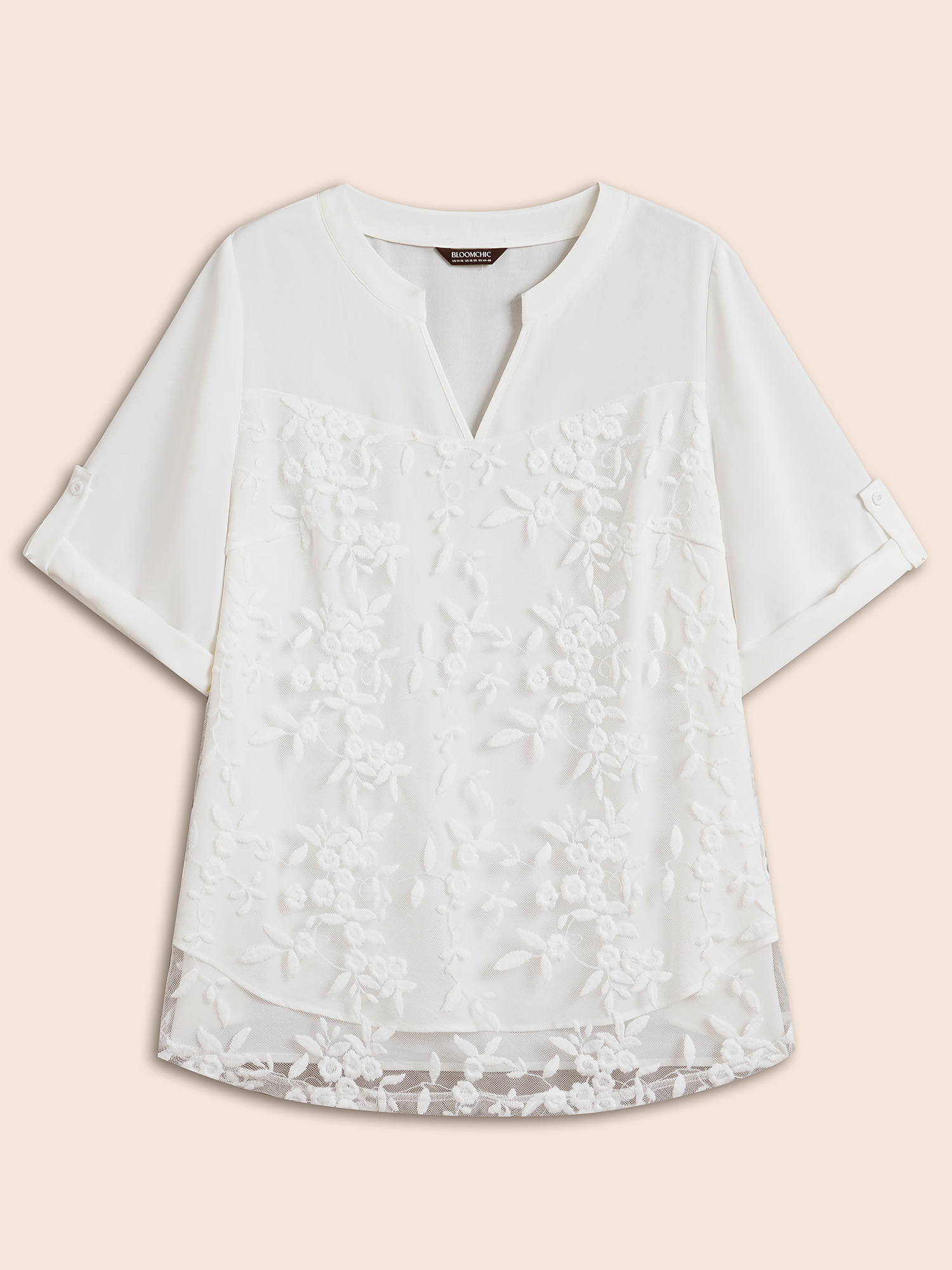 Plus Size WhiteSmoke Lace Patchwork Gathered Tab Sleeve Shirt Women Casual Elbow-length sleeve Notched collar Everyday Blouses BloomChic 14-16/1X 