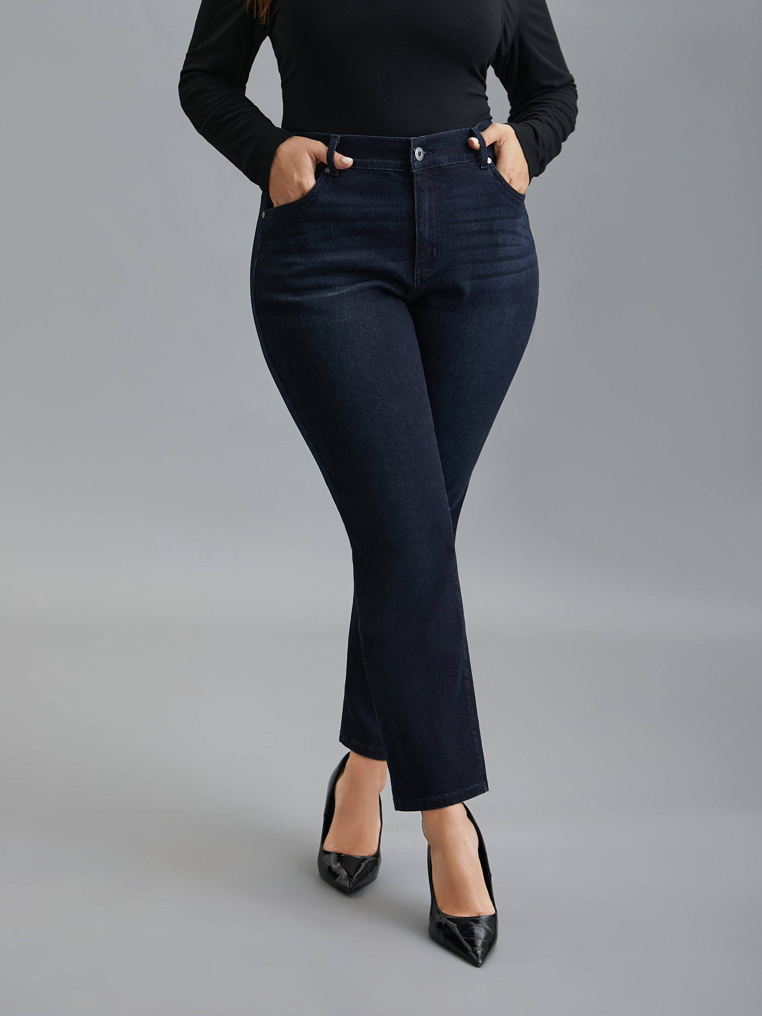 

Plus Size Whiskered Mid-Rise Skinny-Fit Jeans Women Denimcharcoal Elegant Button Medium stretch Slanted pocket Jeans BloomChic