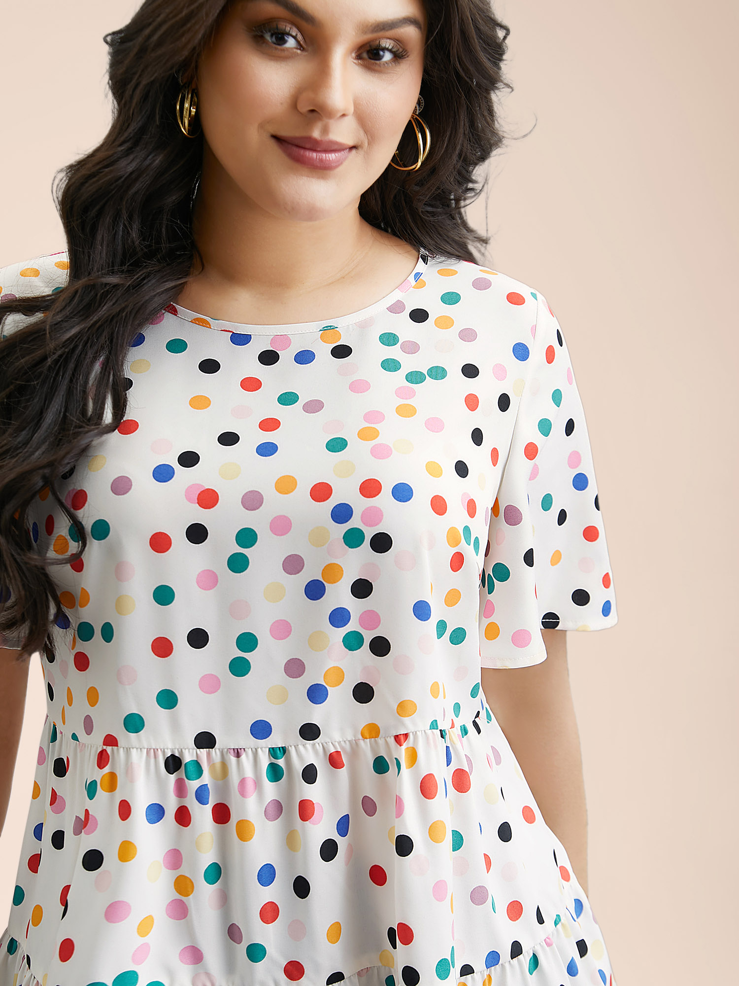 

Plus Size Ivory Multi-Color Dots Print Tiered Blouse Women Resort Short sleeve Round Neck Vacation Blouses BloomChic