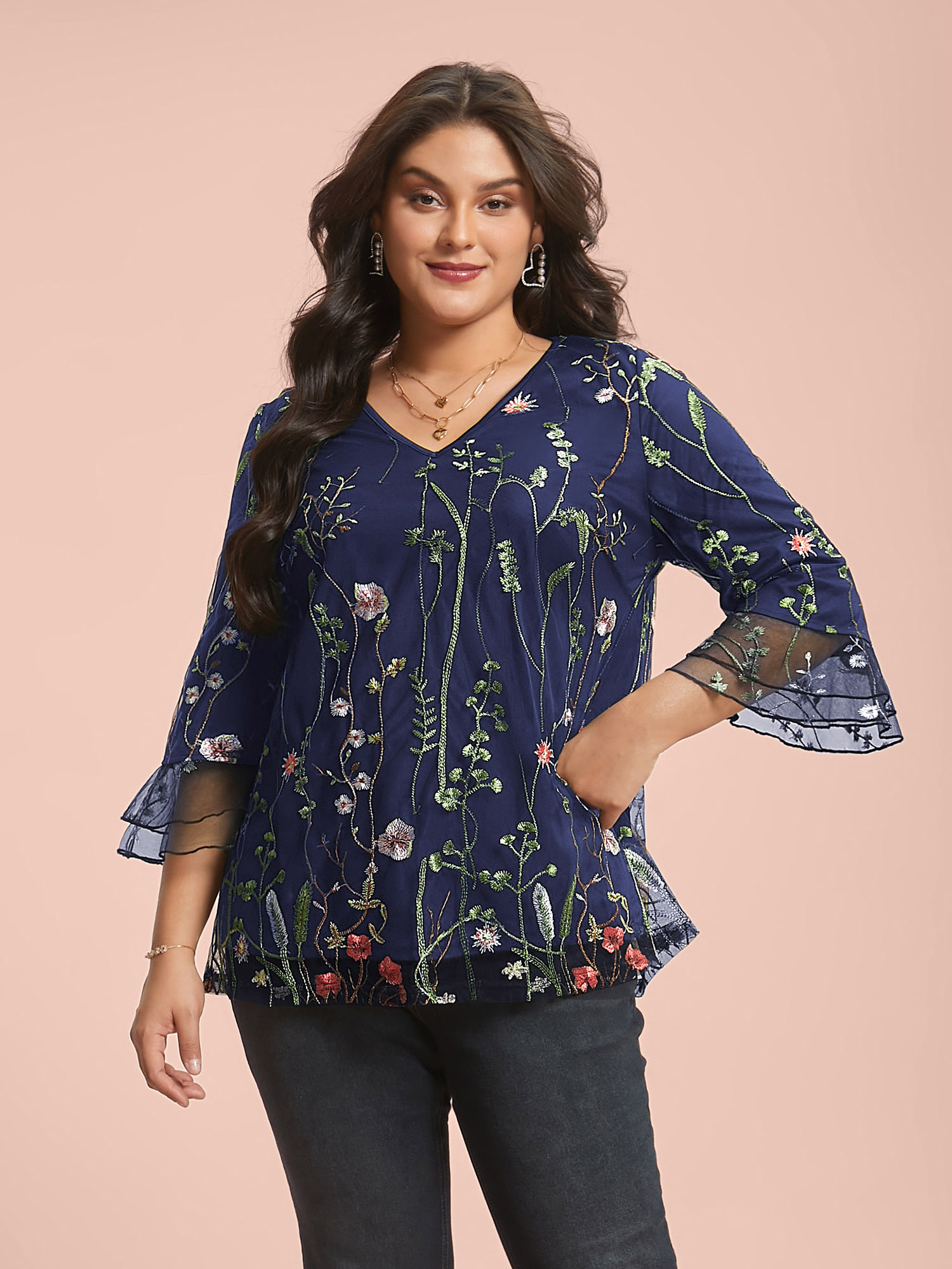 

Plus Size Indigo Embroidered Mesh Lotus Leaf Sleeve Blouse Women Elegant Elbow-length sleeve V-neck Everyday Blouses BloomChic