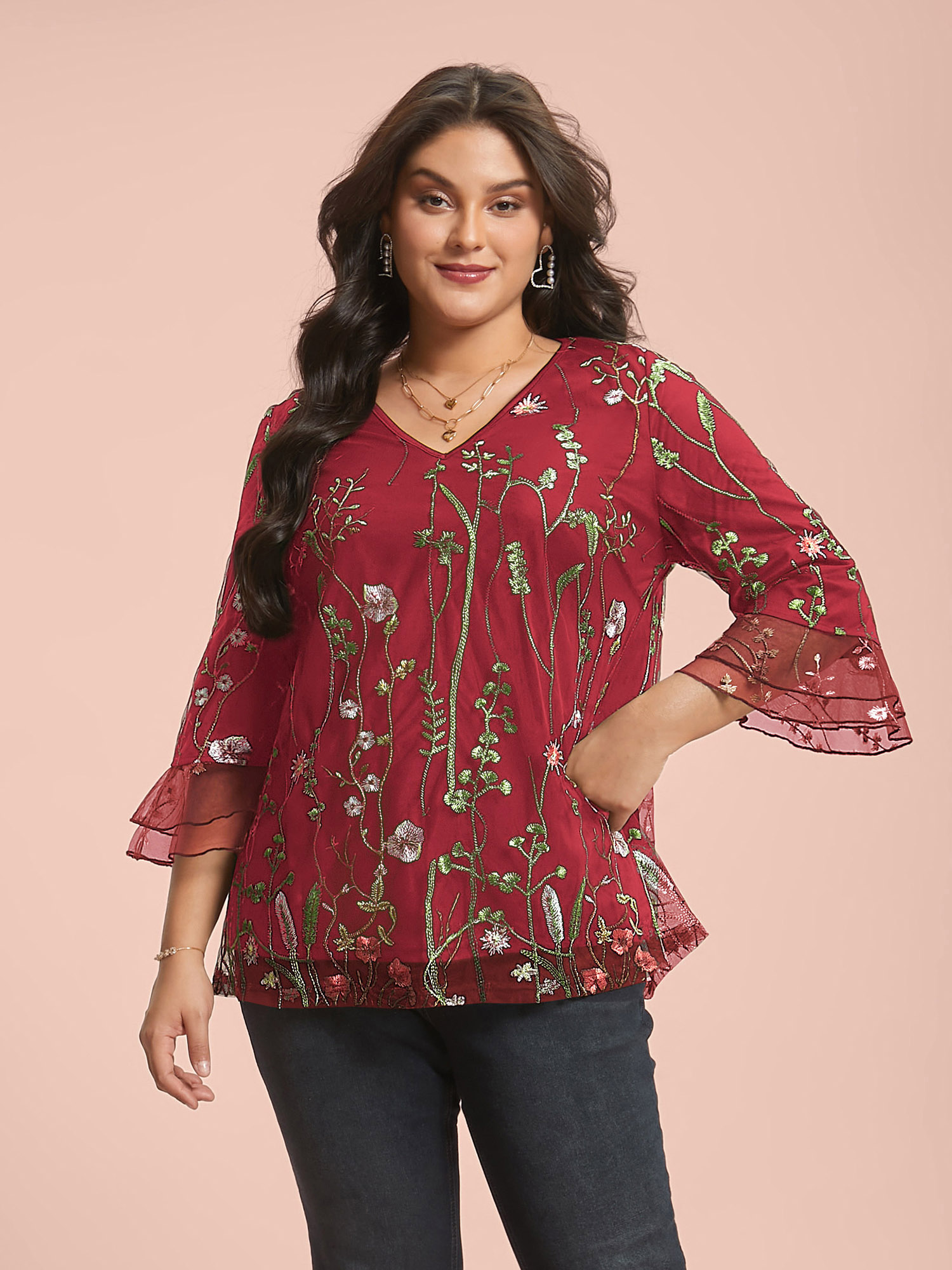 

Plus Size Burgundy Embroidered Mesh Lotus Leaf Sleeve Blouse Women Elegant Elbow-length sleeve V-neck Everyday Blouses BloomChic