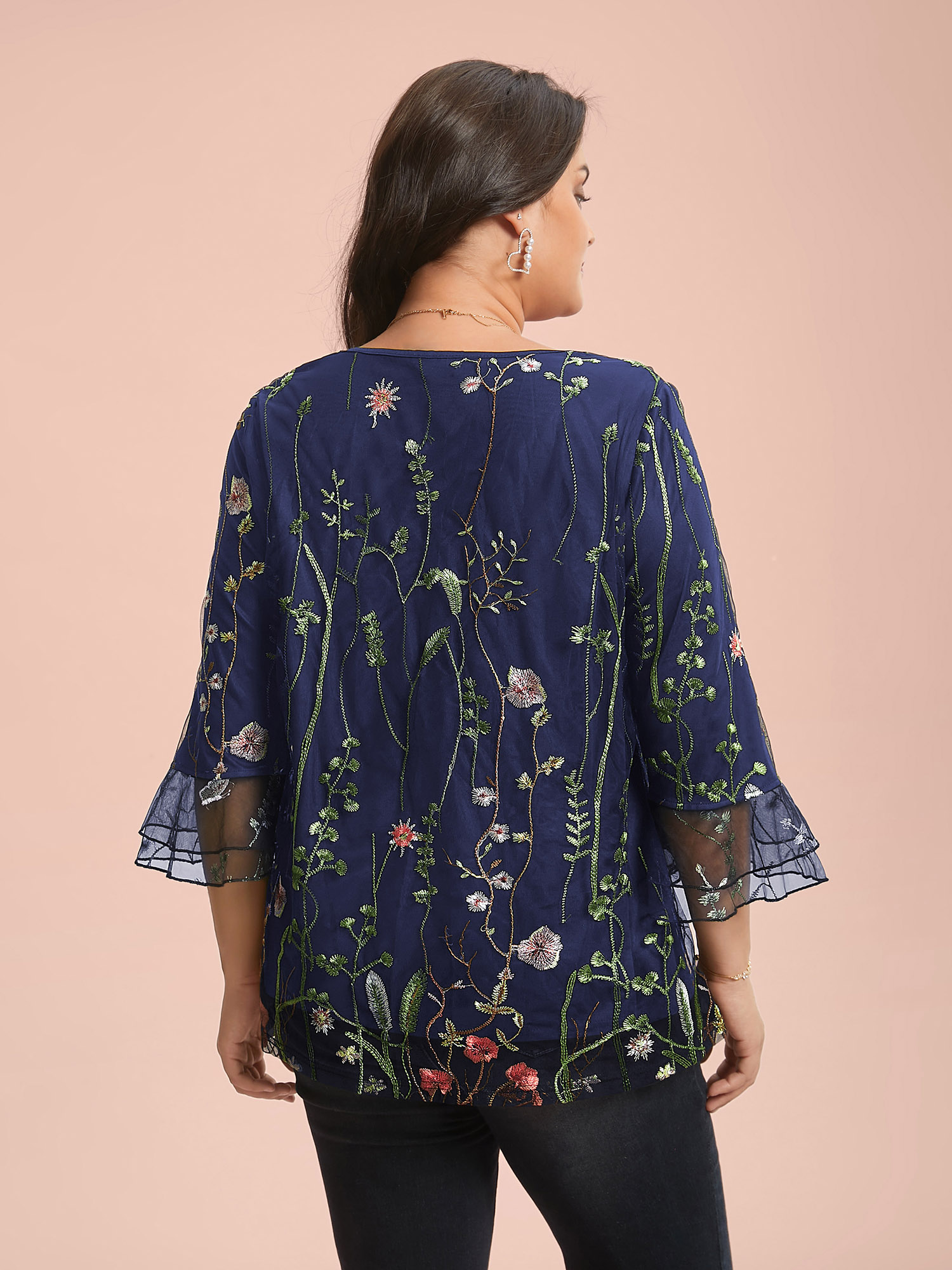 

Plus Size Indigo Embroidered Mesh Lotus Leaf Sleeve Blouse Women Elegant Elbow-length sleeve V-neck Everyday Blouses BloomChic