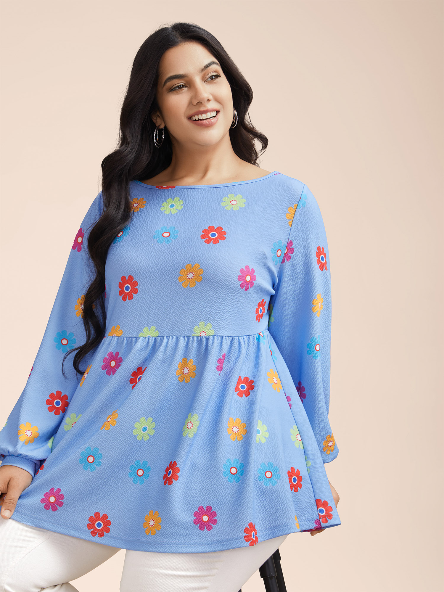 

Plus Size Multi-Color Floral Textured Stretchy Knit Top LightBlue Round Neck Extra Long Sleeve Elegant Jersey Tops