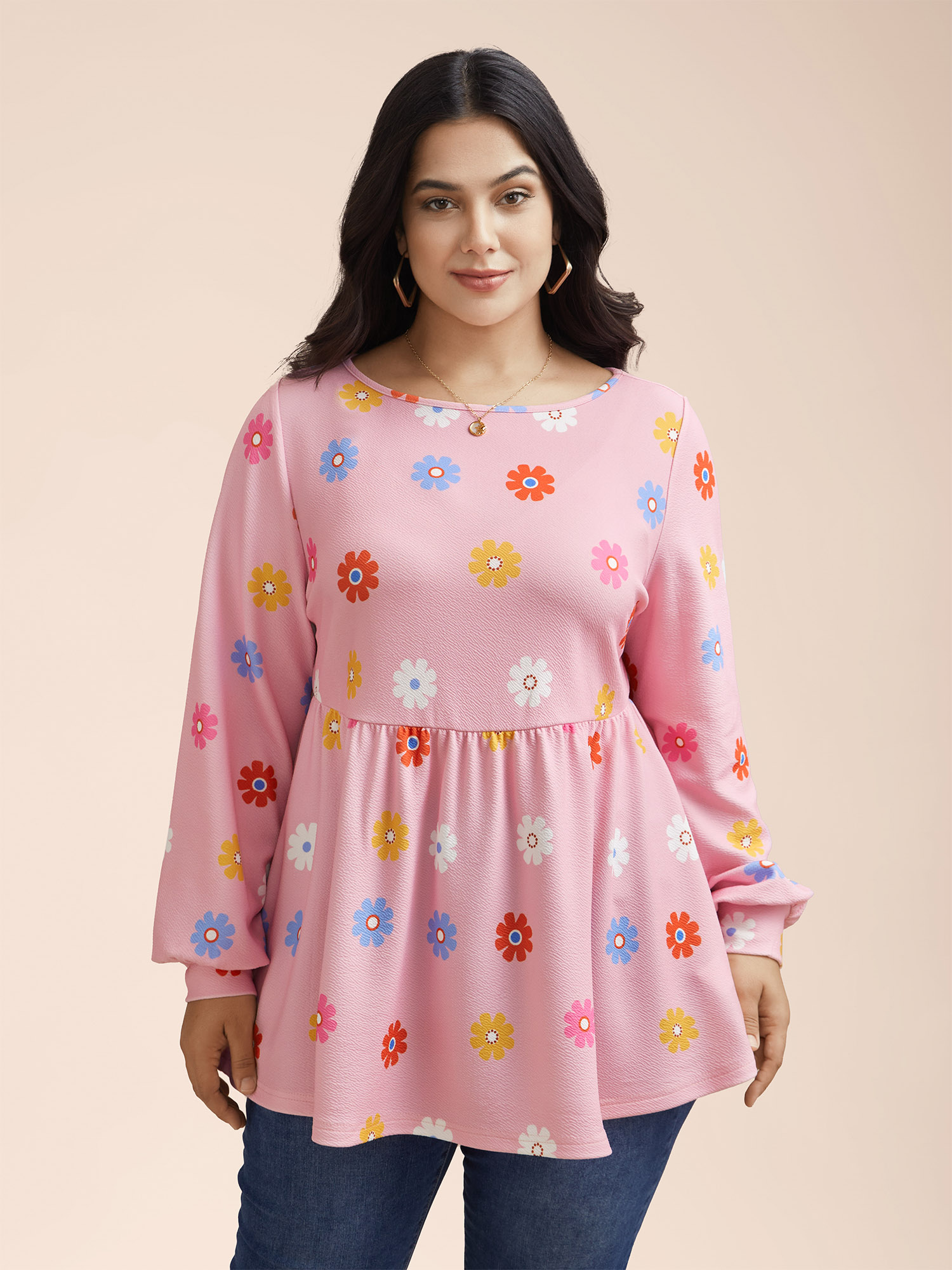 

Plus Size Multi-Color Floral Textured Stretchy Knit Top Lightpink Round Neck Extra Long Sleeve Elegant Jersey Tops