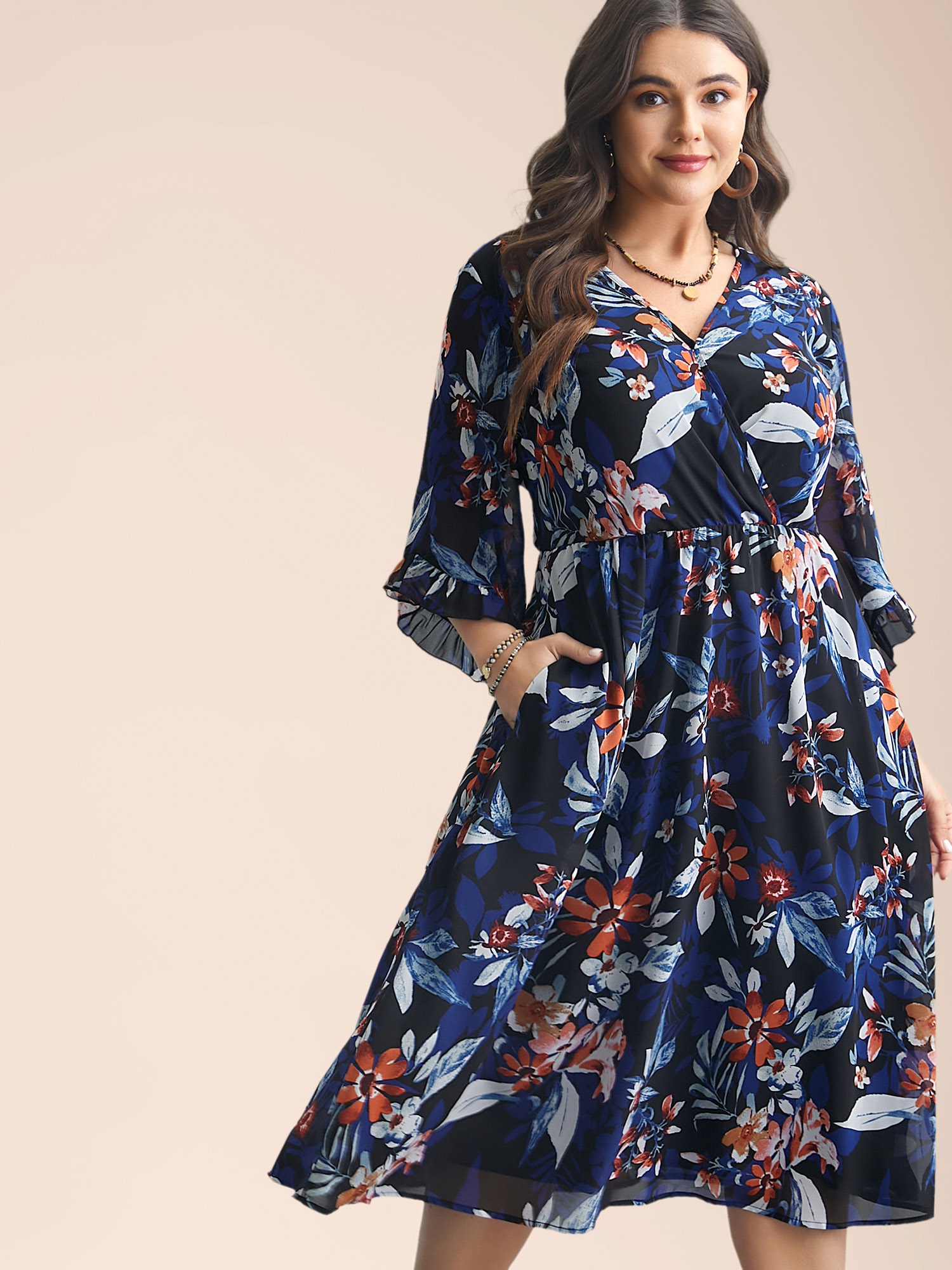 

Plus Size Chiffon Tropical Print Surplice Neck Midi Dress Black Women Resort See through Overlap Collar Elbow-length sleeve Curvy BloomChic