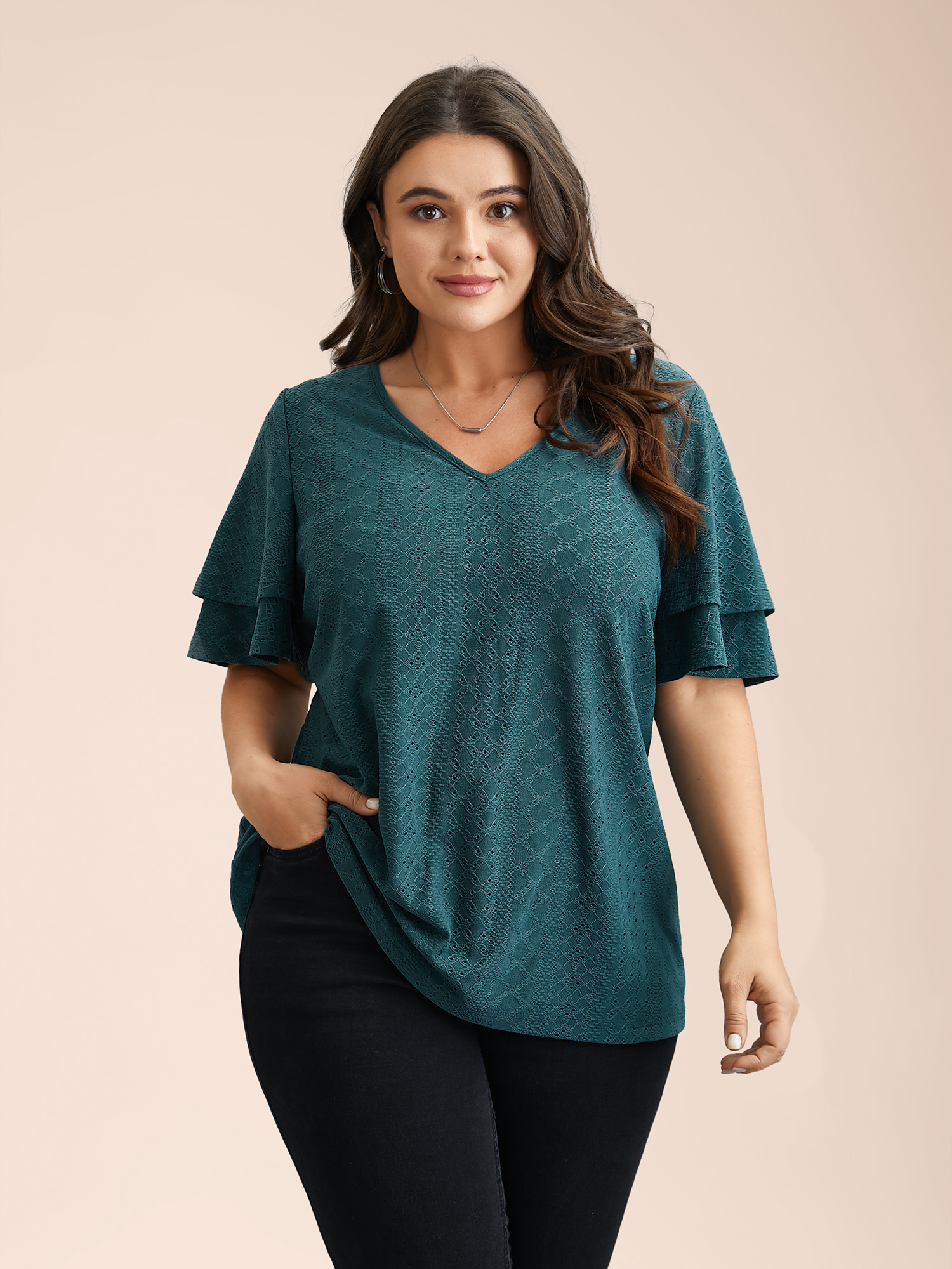 

Plus Size Jacquard Textured Lotus Leaf Sleeve Top Cyan V-neck Short sleeve Elegant Jersey Tops