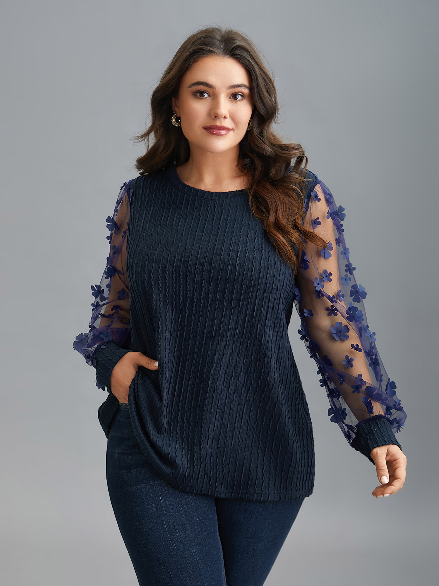 

Plus Size Sheer Sleeve Textured Patchwork Round Neck T-Shirt Indigo Women Elegant Texture Round Neck Everyday T-shirts BloomChic