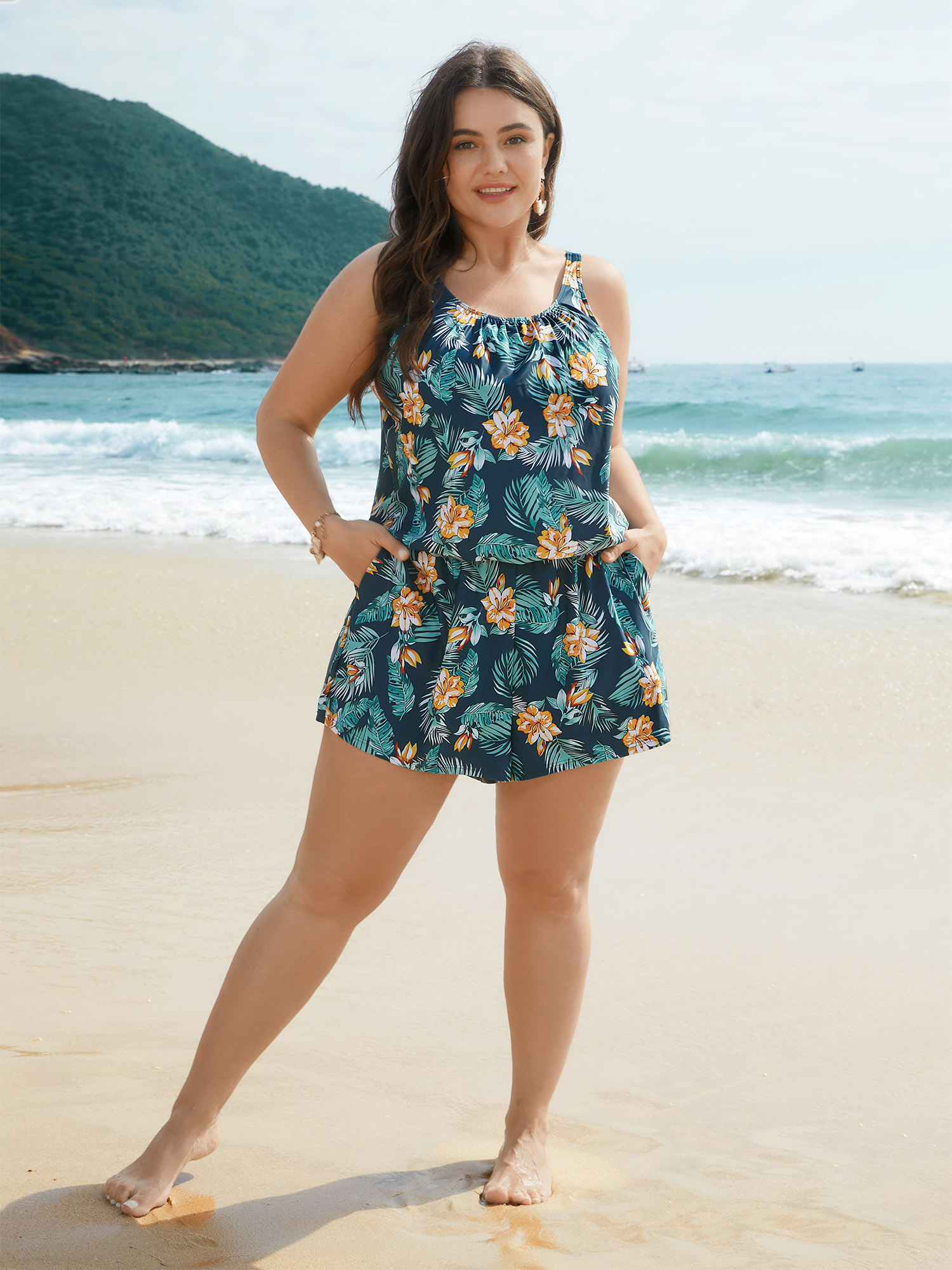 Plus Size Tropical Flower Print Pockets One-Piece Swimsuit Women`s Swimwear Indigo Beach Gathered Curve Bathing Suits High stretch One Pieces BloomChic 30/6X 