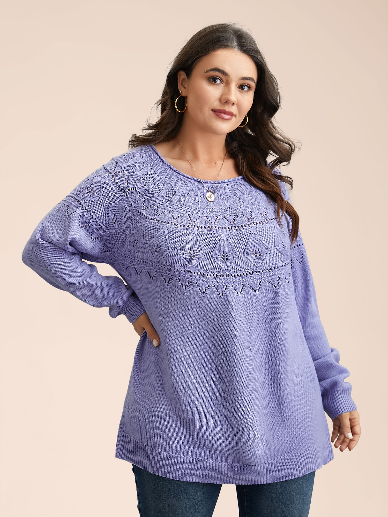 

Plus Size Eyelet Trim Cable Knit Round Neck Pullover Lilac Women Casual Loose Long Sleeve Round Neck Everyday Pullovers BloomChic