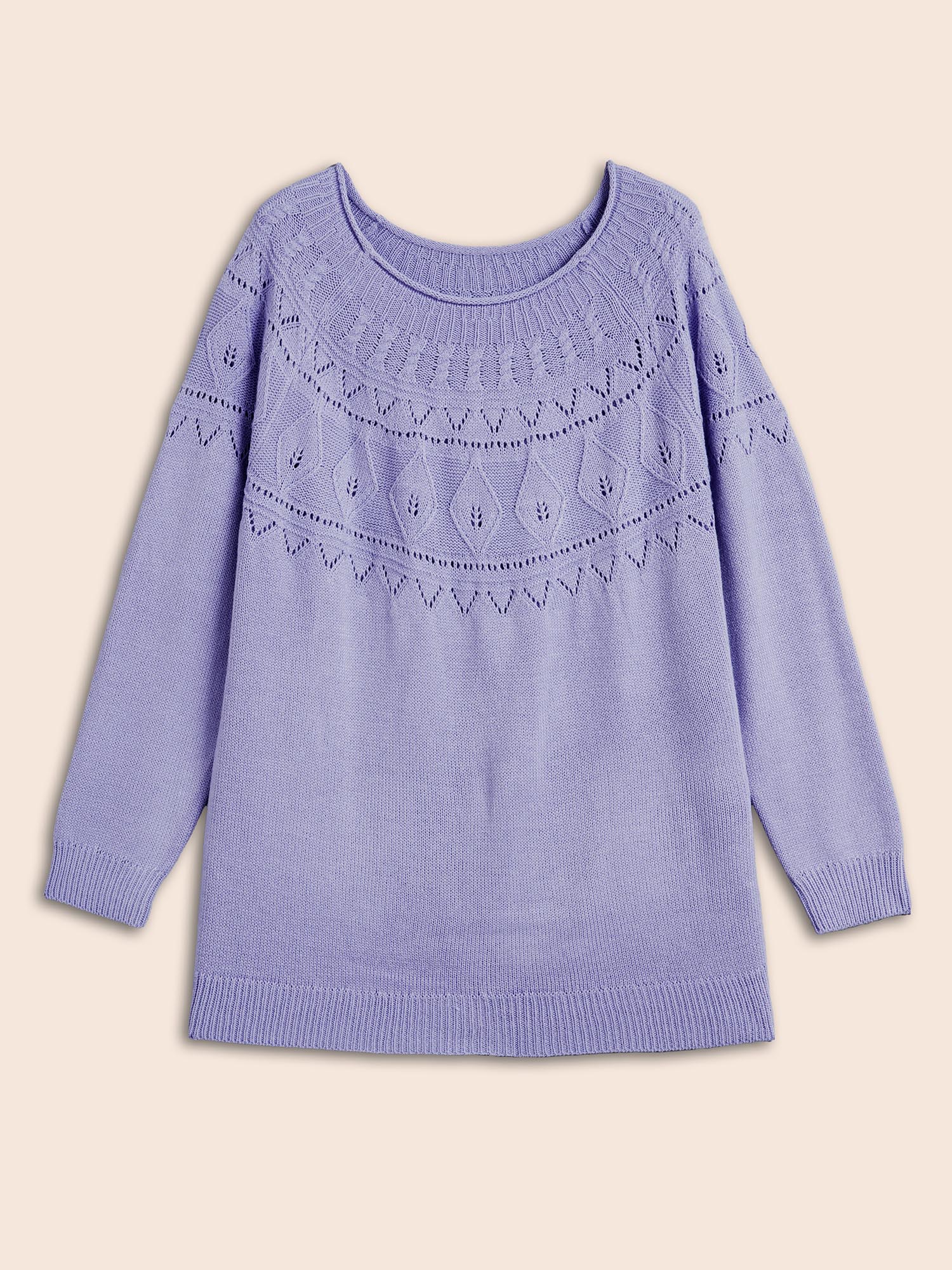 

Plus Size Eyelet Trim Cable Knit Round Neck Pullover Lilac Women Casual Loose Long Sleeve Round Neck Everyday Pullovers BloomChic