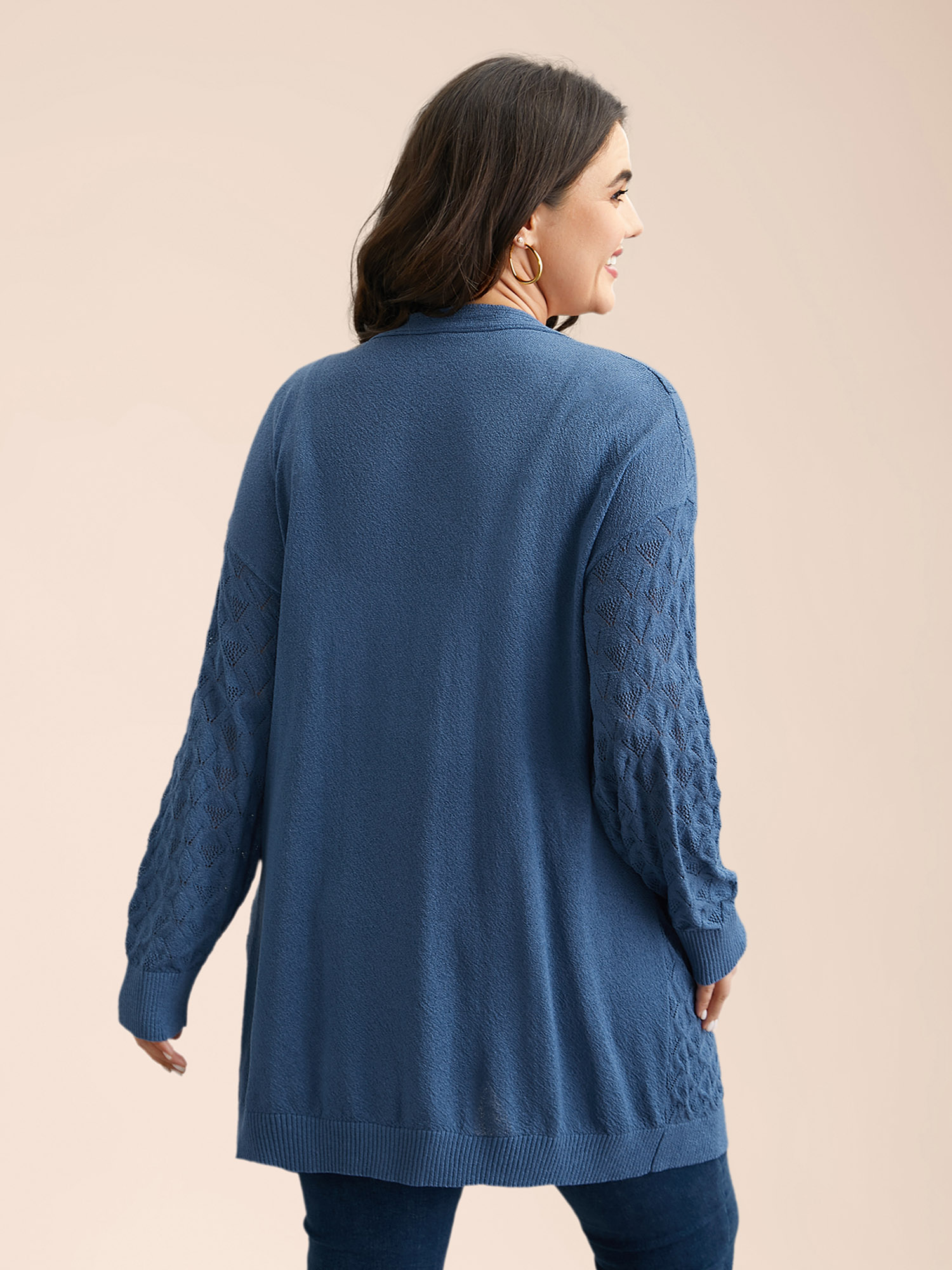 

Plus Size Textured Cut-Out Plain Open Front Cardigan Stone Women Casual Loose Long Sleeve Everyday Cardigans BloomChic