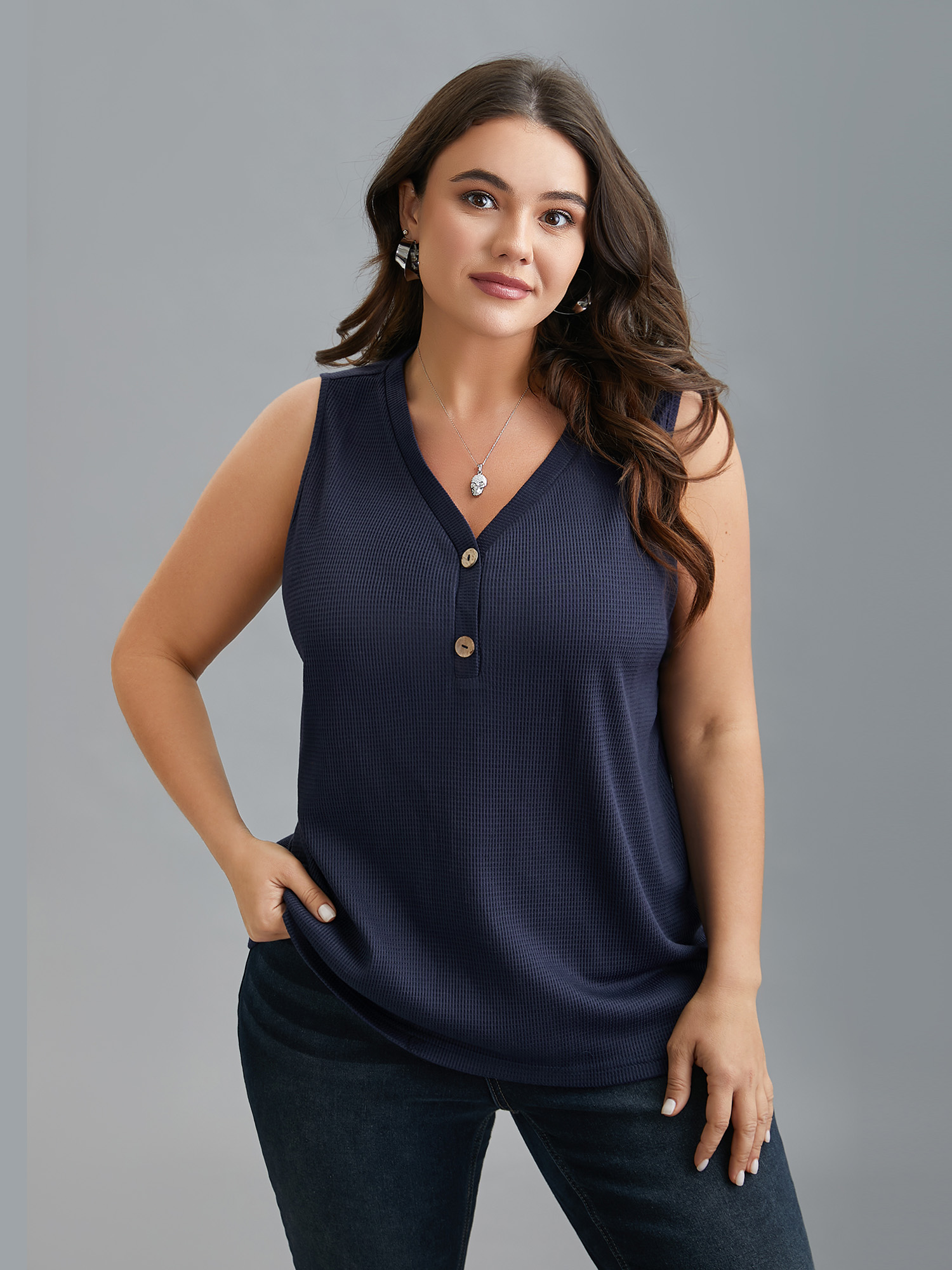 

Plus Size Textured Stretchy Button Front Vest Women Midnight Casual Texture V-neck Everyday Tank Tops Camis BloomChic