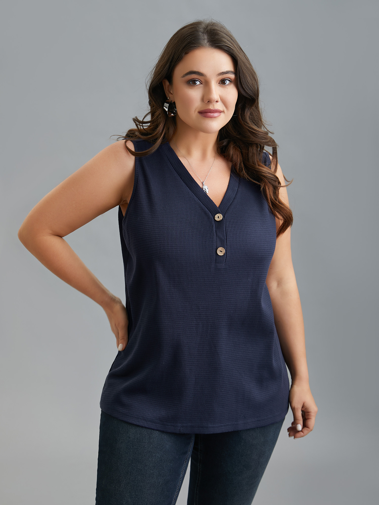 Plus Size Textured Stretchy Button Front Vest Women Midnight Casual Texture V-neck Everyday Tank Tops Camis BloomChic 18-20/2X 