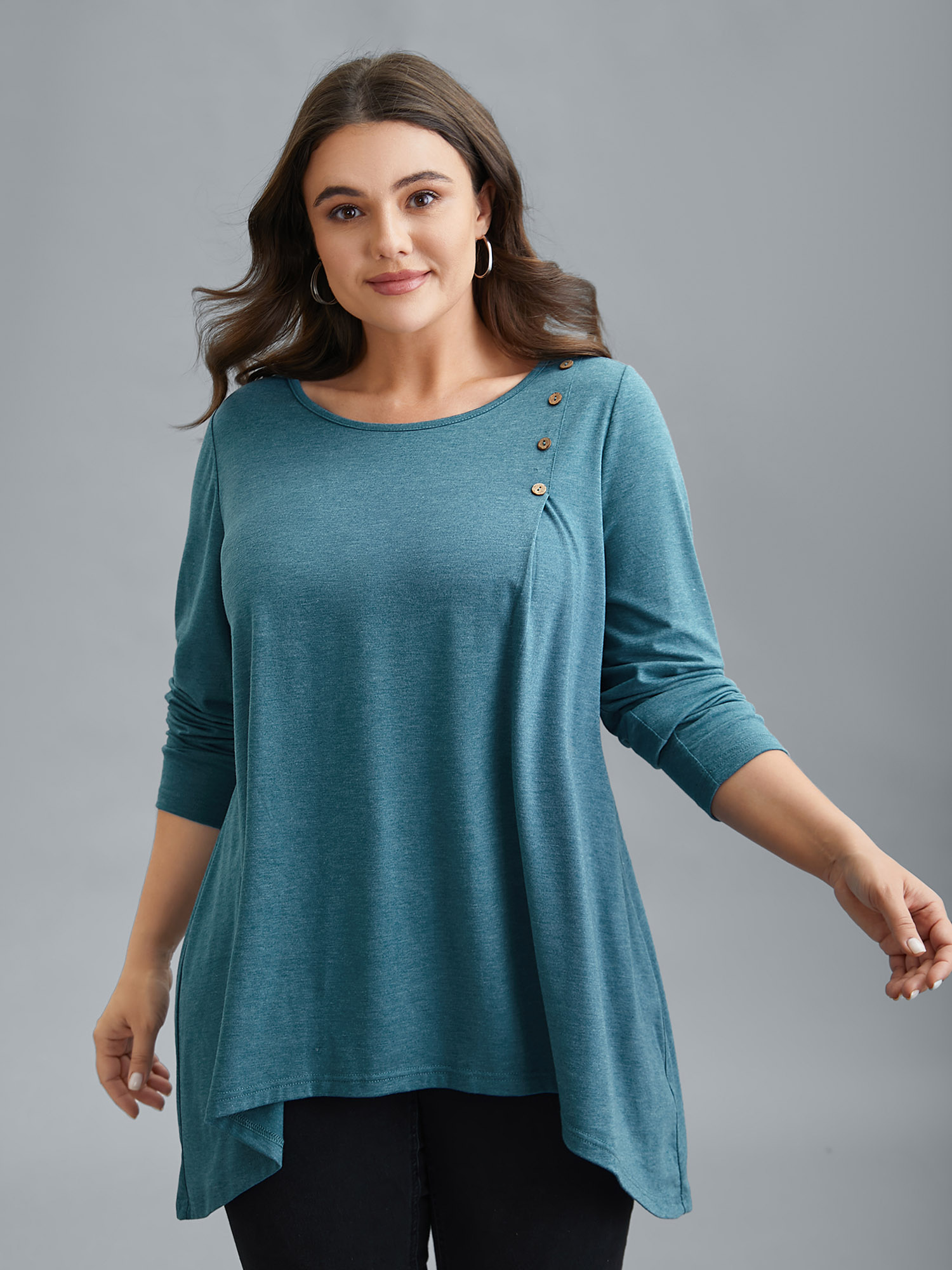 

Plus Size Shoulder Button Hi-Low Hem Flared T-Shirt Teal Women Casual Button Round Neck Loose Everyday T-shirts BloomChic