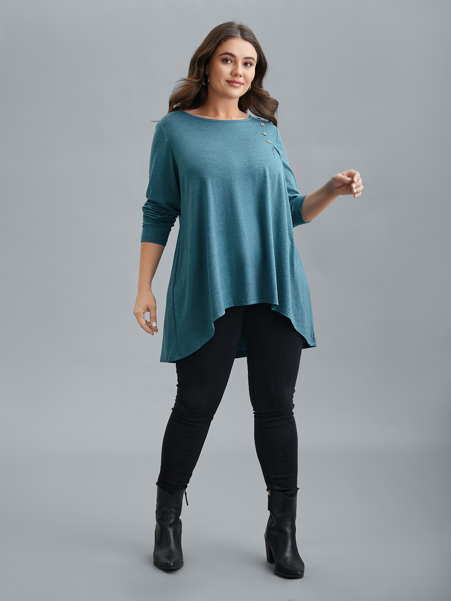 

Plus Size Shoulder Button Hi-Low Hem Flared T-Shirt Teal Women Casual Button Round Neck Loose Everyday T-shirts BloomChic