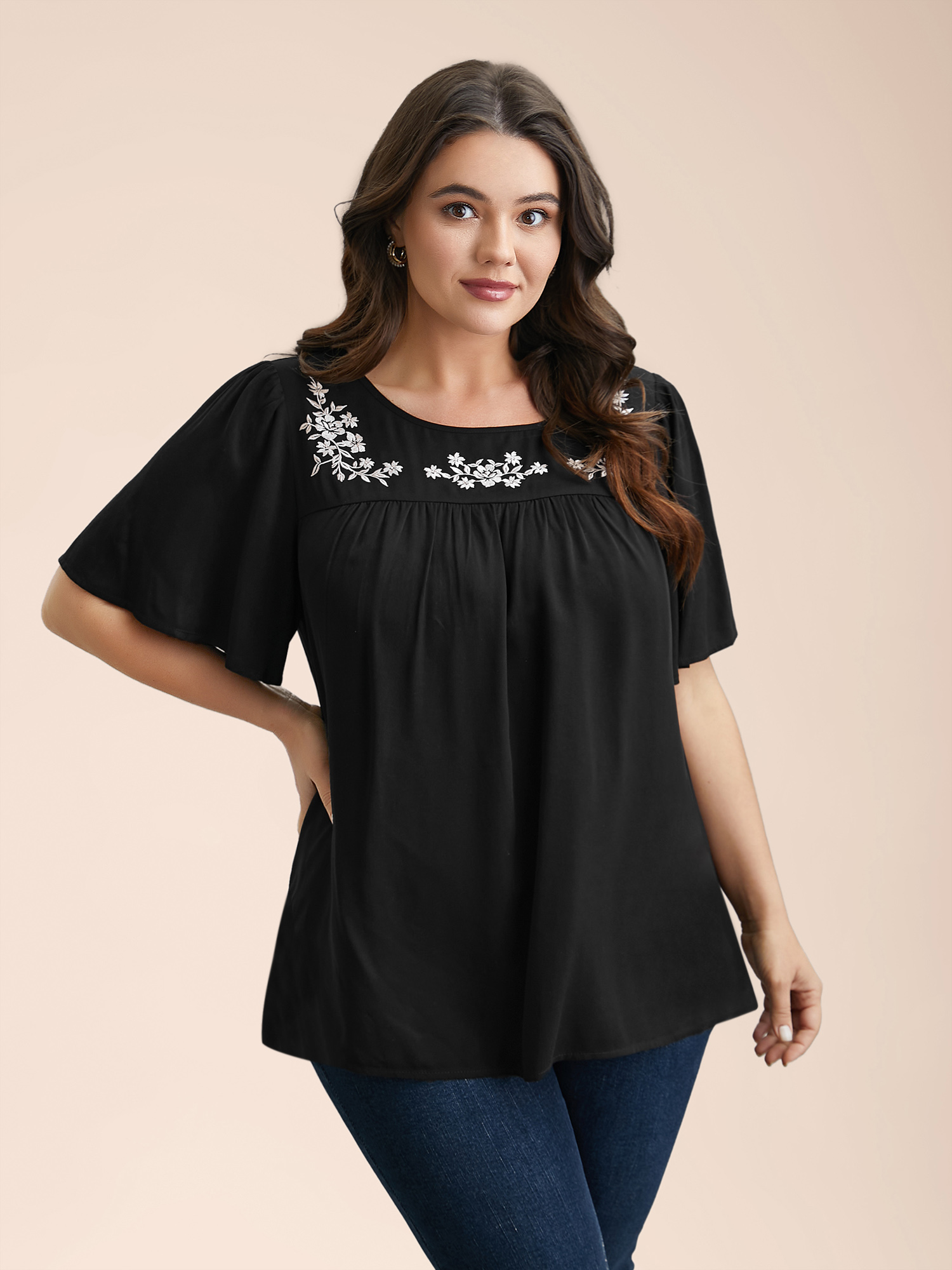 

Plus Size Black Floral Embroidery Pleated Front Blouse Women Elegant Short sleeve Round Neck Everyday Blouses BloomChic