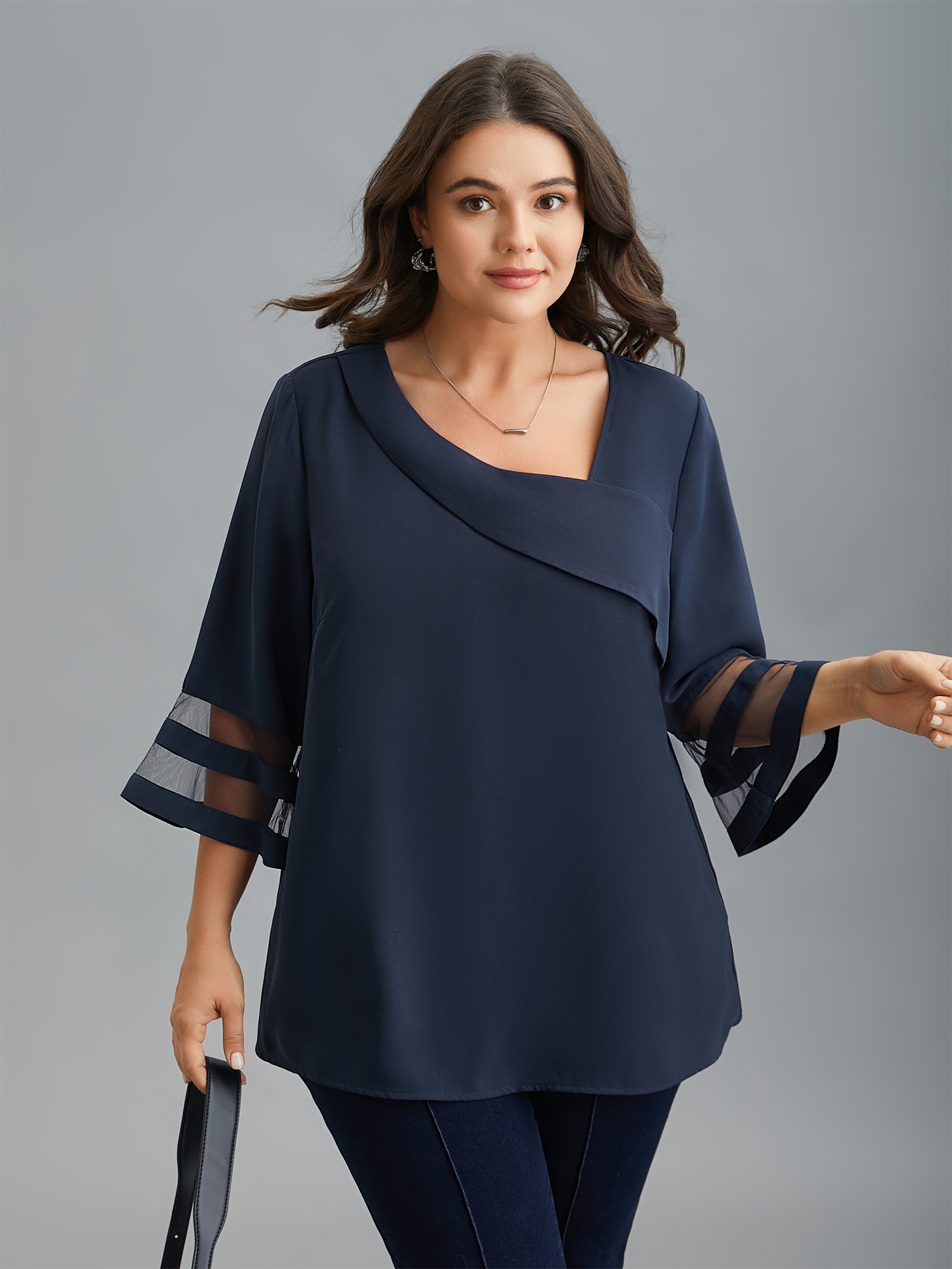 

Plus Size Indigo Sheer Sleeve Patchwork Asymmetrical Neckline Blouse Women At the Office Elbow-length sleeve Asymmetrical Neck Work Blouses BloomChic